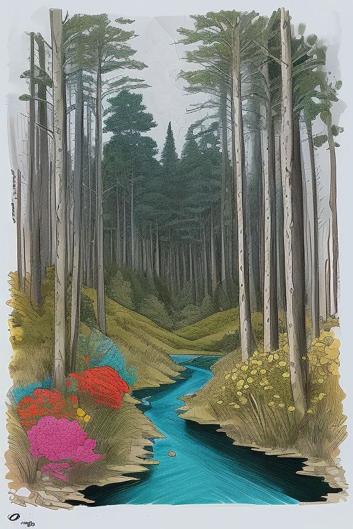 cleartcol02 style, traditional media, lineart, drawing of an enchanted forest, river, tall trees, flowers,, bold colors, mixed media, collage, busy, <lora:CleArtCol02_epoch_10:0.8>