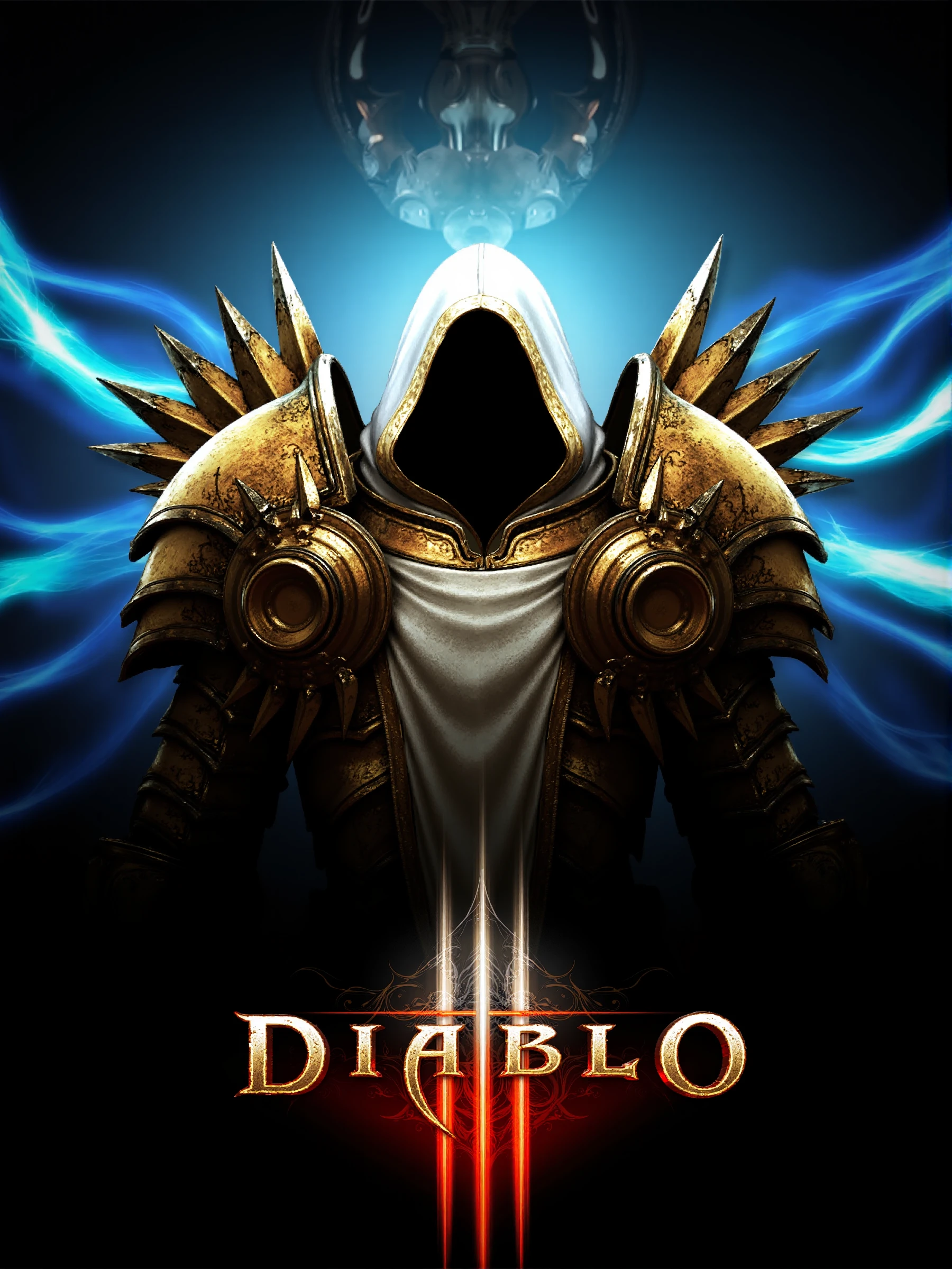 Archangel-bylaushine,This is a digital artwork featuring a dramatic, fantasy-themed cover for the video game "Diablo III." The central figure is a warrior clad in intricate, ornate golden armor with sharp, spiked shoulder plates and a large, hooded cloak. The warrior's face is obscured by a dark, featureless mask, adding an air of mystery and power. The armor is detailed with intricate patterns and textures, giving it a rich, metallic appearance. The background is a dark blue, with ethereal, glowing blue and white energy radiating from the warrior's shoulders, creating a sense of mystical power. In the distance, a faint, ornamental chandelier hangs from the ceiling, adding a touch of elegance to the scene. The title "Diabolo" is prominently displayed in bold, red text at the bottom, with a stylized, fiery red line beneath it, enhancing the game's dark and intense theme. The overall style is highly detailed and realistic, with vibrant colors and a sense that the artwork is part of a larger, immersive gaming experience.