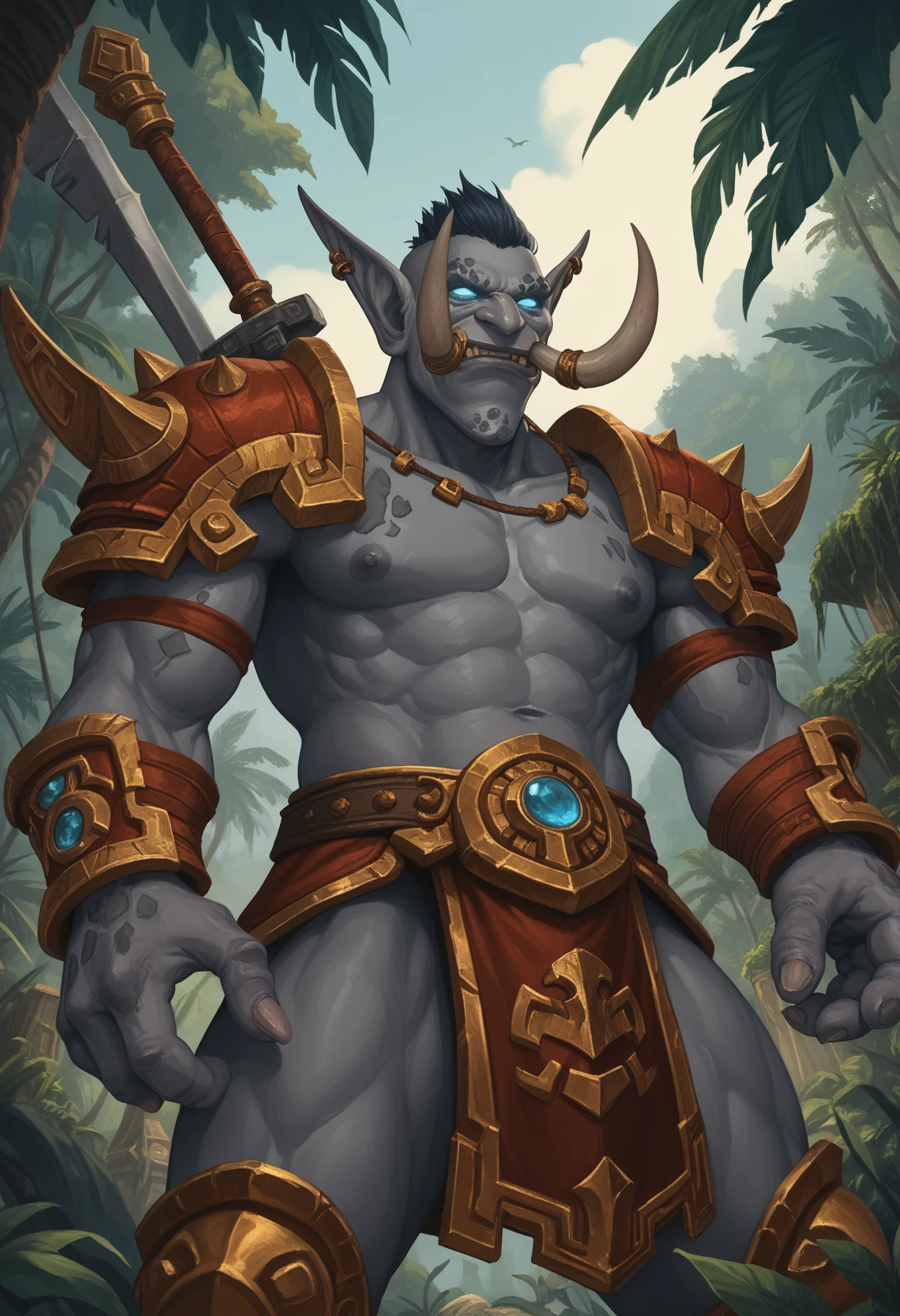 zPDXL3, score_9_up, score_8_up, score_7_up, detailed, (best quality:1.2), hi res, digital media \(artwork\), vivid color BREAK low-angle view, jungle, solo, zandalari_wow, troll, gray skin, glowing eyes, short hair, tusks, warcraft, pointy ears, 3 fingers, 2 toes, muscular, armor, warrior, weapon, action pose <lora:detailed_notrigger:0.75> <lora:ZandalariTroll_WoW_V1:0.9>