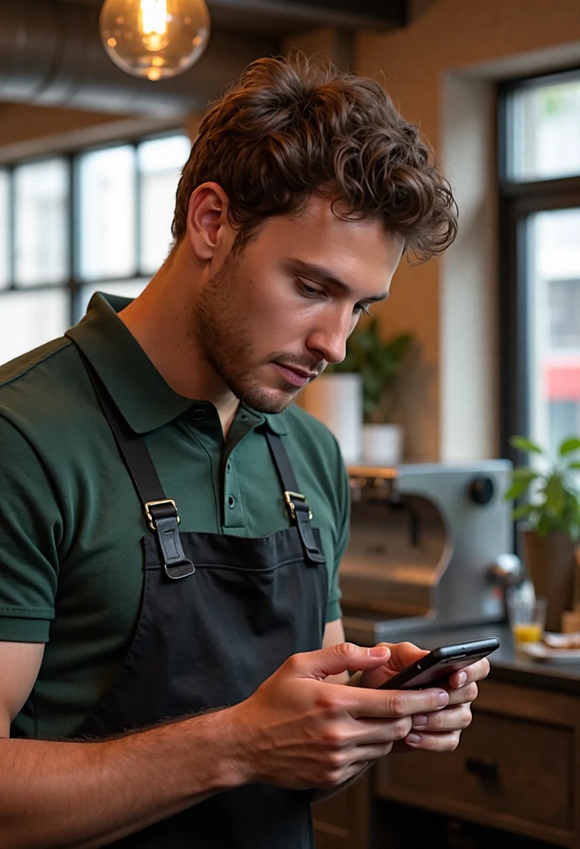 This is a realistic photograph Cooper Koch, C00perK0ch, working as a barrista in Starbucks. He is bored with work and is looking intently at his smart phone, trying to be inconspicuous. 