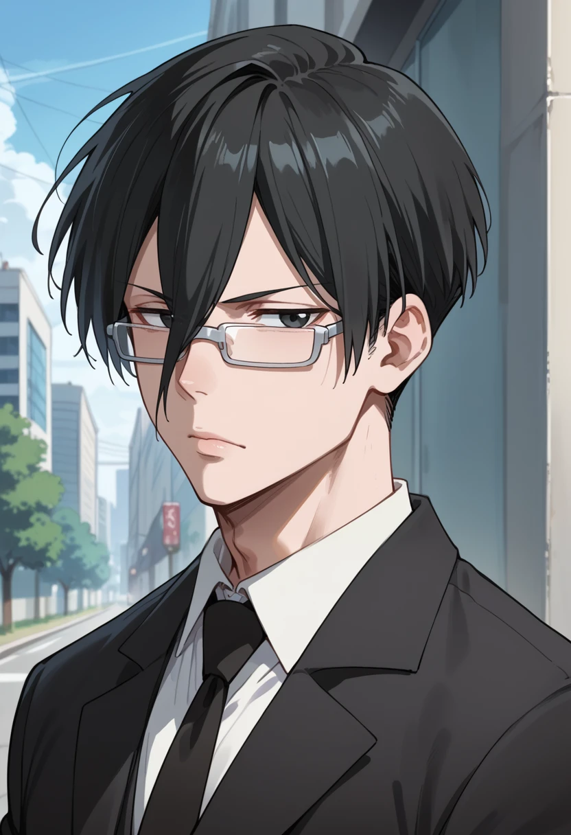 score_9, score_8_up, score_7_up, score_6_up, source_anime, absurdres, highres, 
ginoza nobuchika, solo, shirt, black hair, 1boy, hair between eyes, black hair, black eyes, closed mouth, jacket, glasses, male focus, collared shirt, black jacket, formal, suit, black necktie, close-up, outdoors, <lora:Nobuchika_Ginoza__Psycho-Pass:1.0>