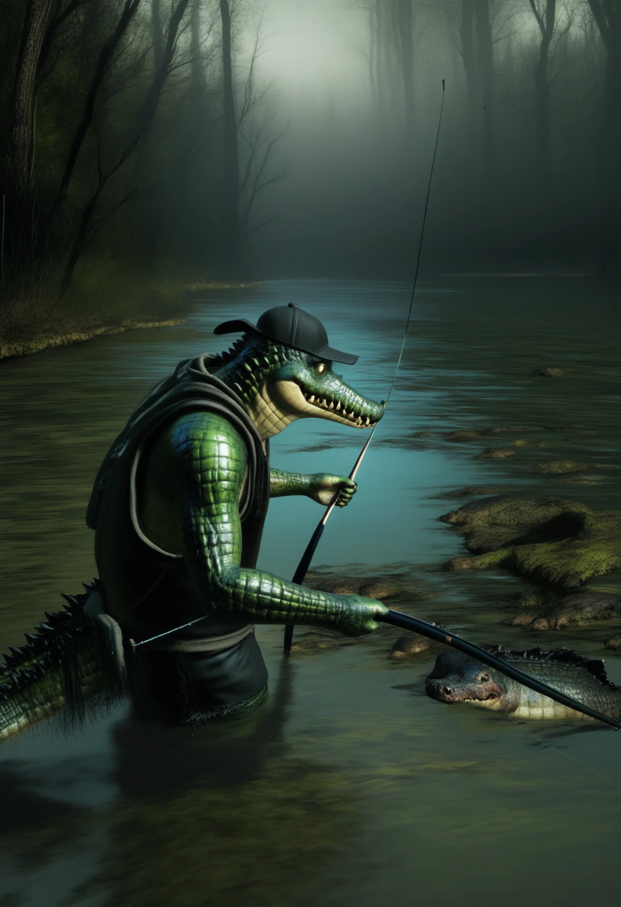 bbstyle, horror theme, realistic, 1boy, solo, crocodile, muscular, fishing, holding, fishing rod, swamp, baseball cap, black shorts