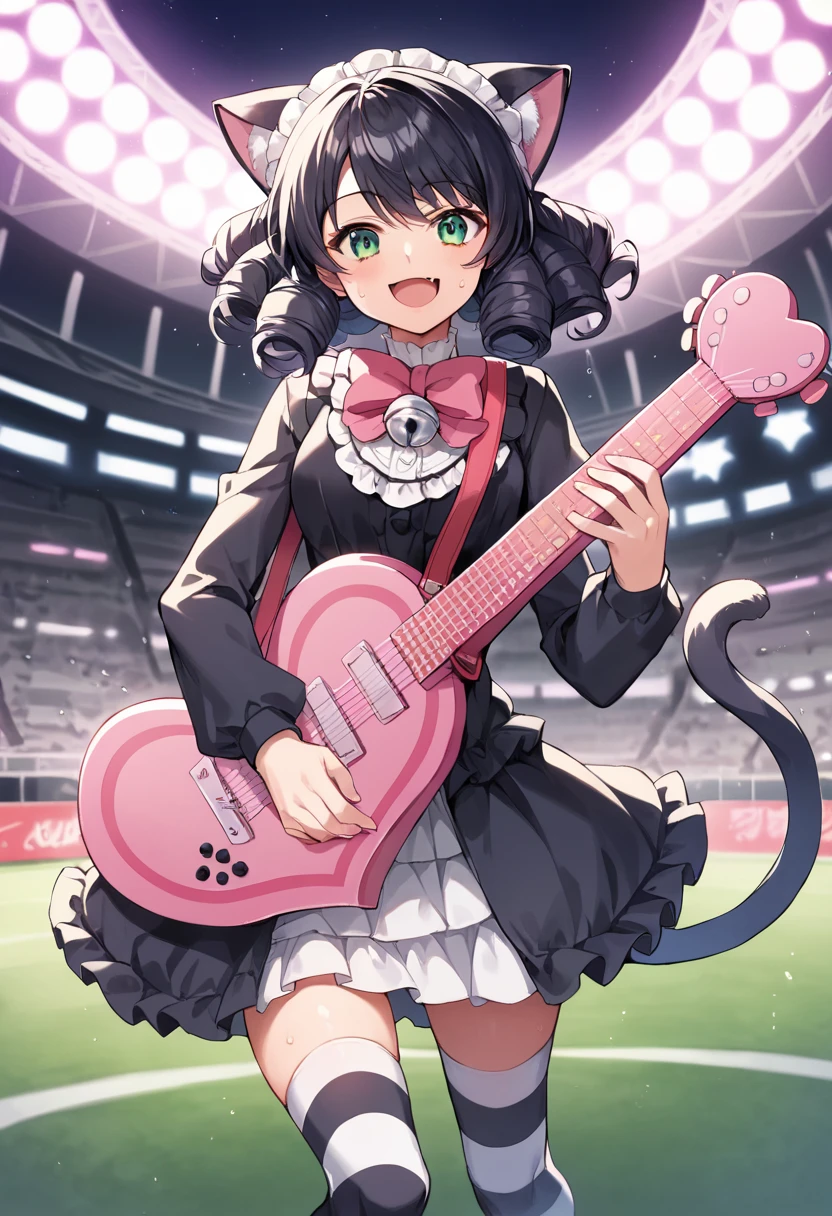 score_9,score_8_up,score_7_up,source_anime,masterpiece,best quality,1girl,solo,game cg,1girl,solo,little_girl,cyan_(show_by_rock!!),stadium,neon lights,night,dynamic_angle,green eyes,blue eyes,curly hair,black hair,fang,cat ears,cat tail,maid headdress,dress,jingle bell,gothic,long sleeves,pink bow,frills,striped thighhighs,<lora:cyanSB69>,looking_at_viewer,smile,kind_smile,holding guitar,holding instrument,playing instrument,open mouth,sweat,legs_apart,