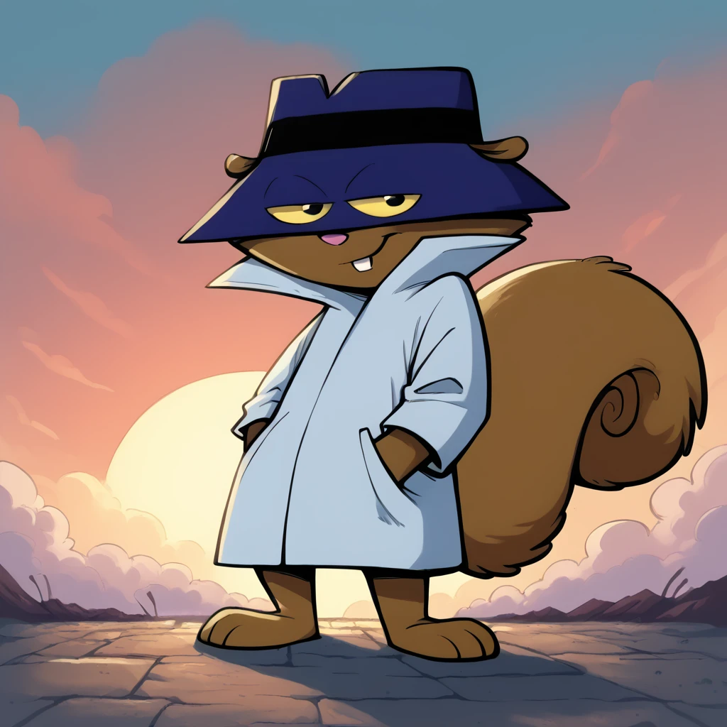 score_9,score_8_up,score_7_up, score_6_up,ssssq, squirrel, spy hat, trench coat, 1boy, hand in pocket, brown fur, pink oval nose, eyes visible through hat, short legs, slim body, (3 toes), bucktooth

beach setting, large sunset over the horizon, partly cloudy,standing at the shoreline