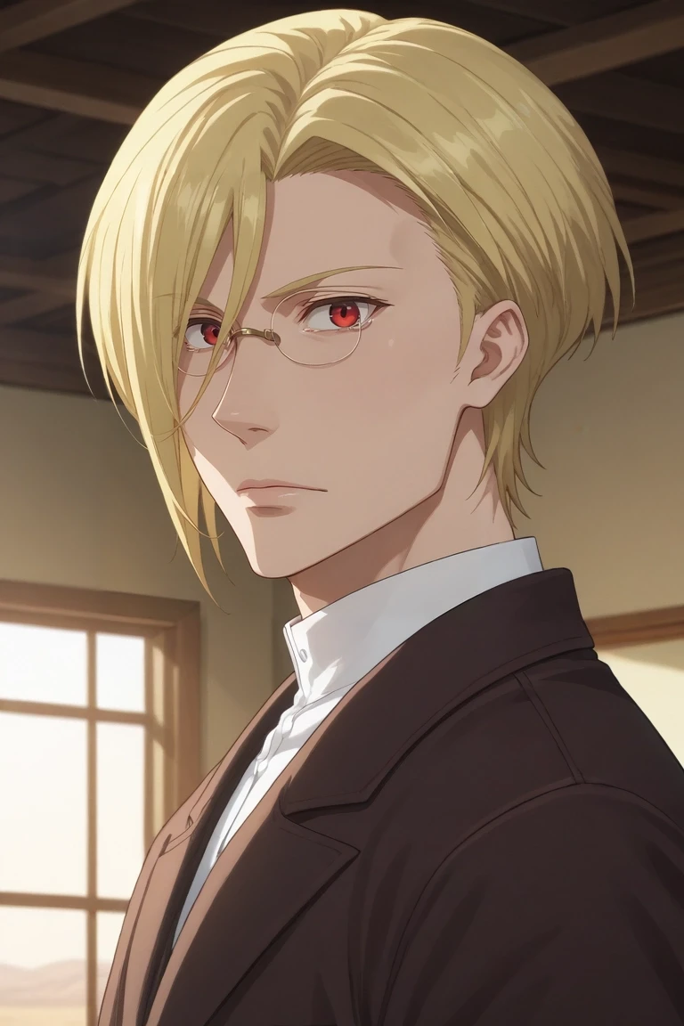 score_9, score_8_up, score_7_up, source_anime, rating_safe, , semi-realistic, looking at viewer, , 1boy, solo, male focus, <lora:louis_james_moriarty_pony:0.8>, louis_james_moriarty, blonde hair, red eyes, short hair, hair over one eye, glasses, focused, sahara desert, indoors, dark, looking back, tearing up, ,, <lora:sdxl_lightning_8step_lora:1>