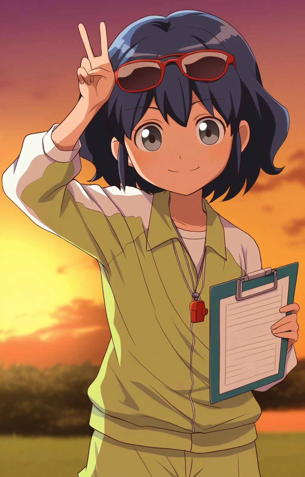 (inazuma eleven, official style:0.2), blurry background, sunset, masterpiece, best quality, 1girl, harunajacket, grey eyes, eyewear on head, long sleeves, green shorts, <lora:Otonashi_Haruna_IllustriousXL:1>, looking at viewer, pose, v, whistle around neck, smile, holding clipboard,