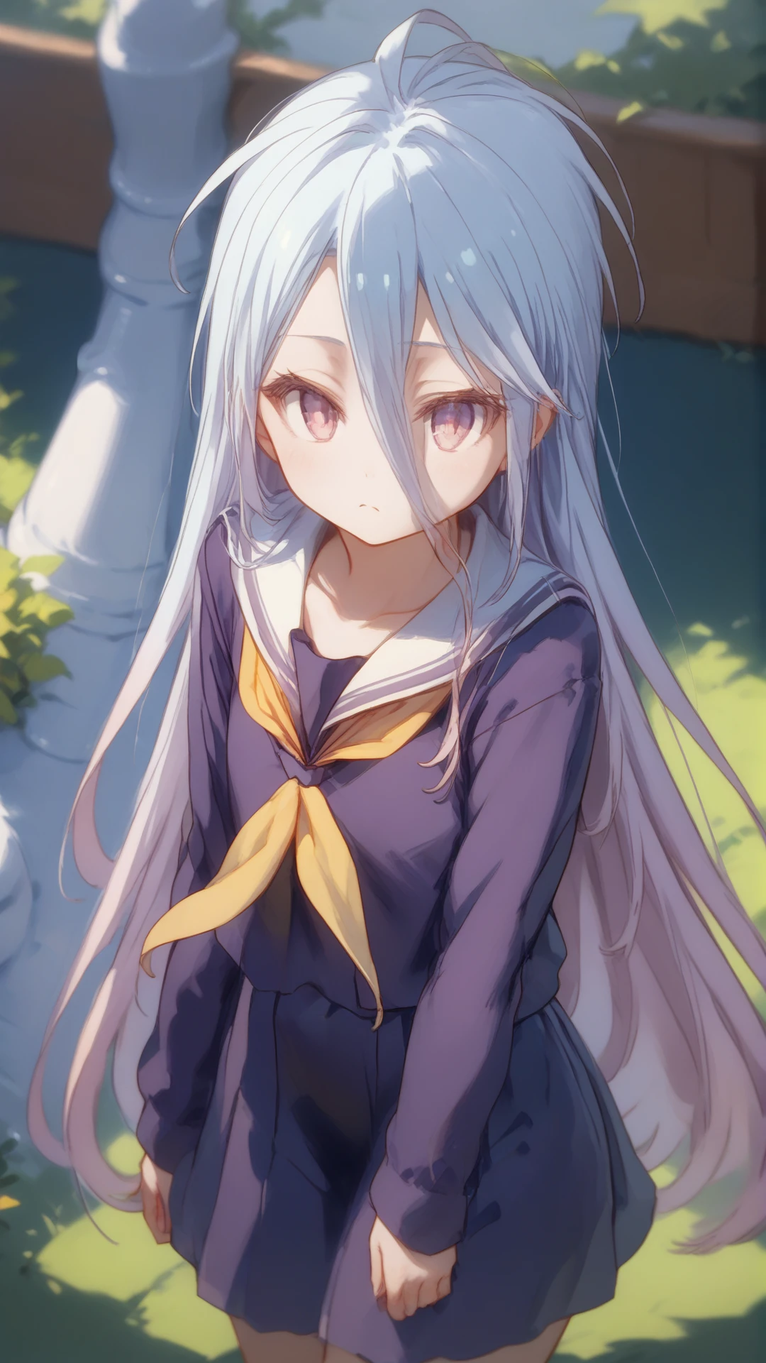 (score_9, score_8_up, score_7_up, score_6_up, score_5_up, score_4_up), 1girl, solo, shiro, yellow neckerchief, school uniform, serafuku, outside <lora:Shiro:1>