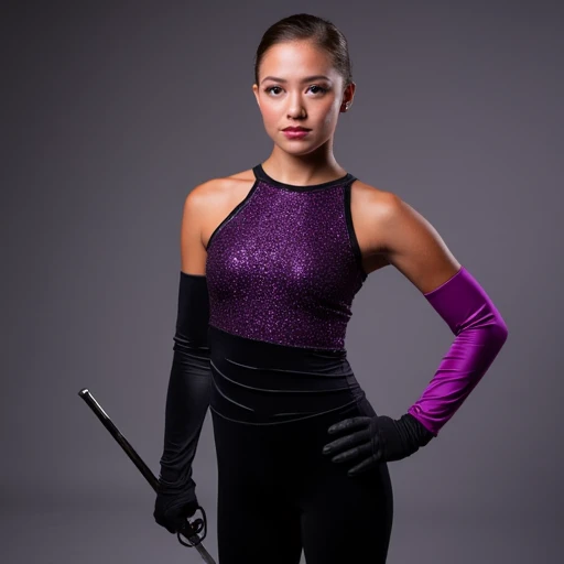 photo of an 18 year old young woman wearing a black and purple colorguard costume