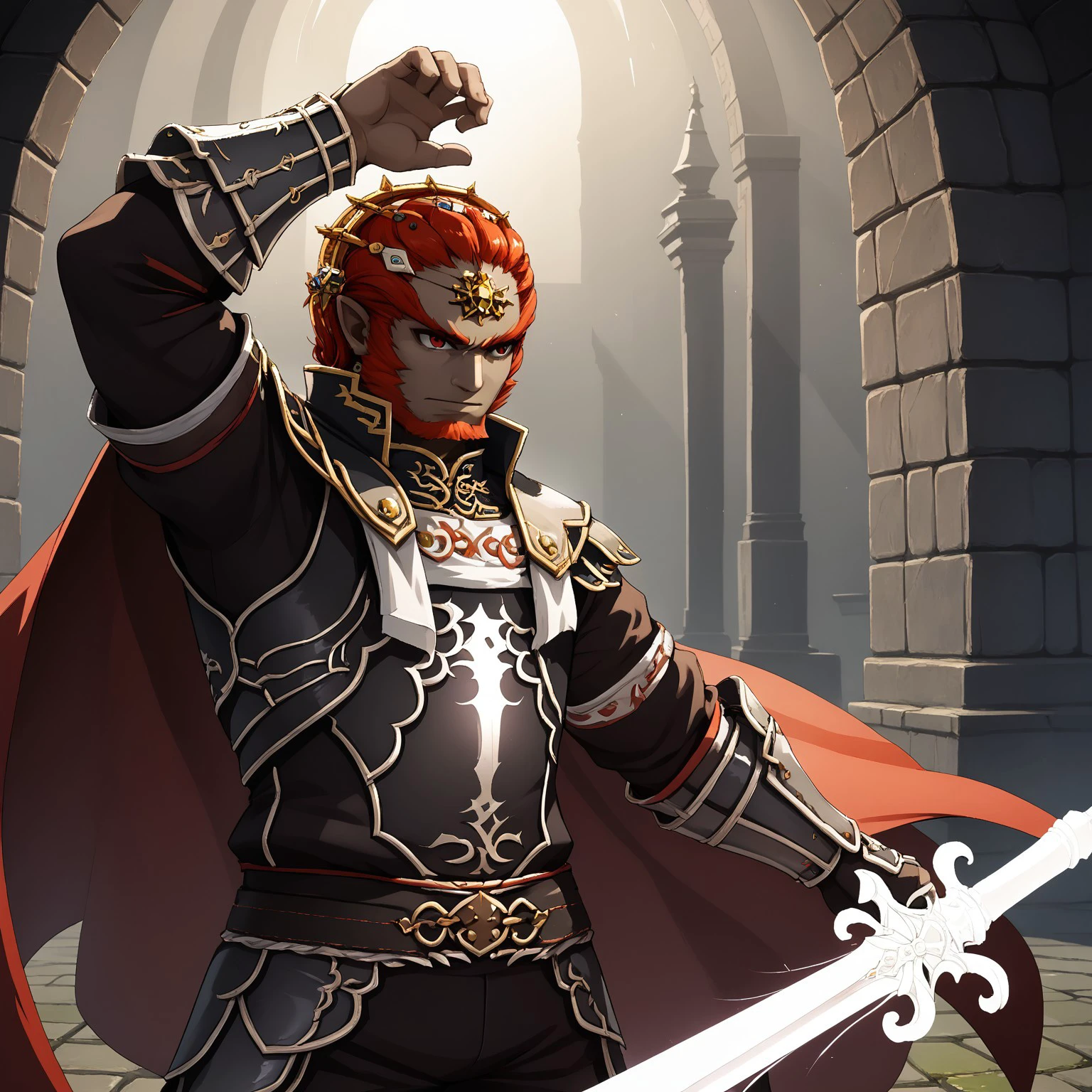 hair ornament, red hair, sword, beard, 1girl, solo, male focus, holding sword, holding weapon, sword raised, arm raised, 