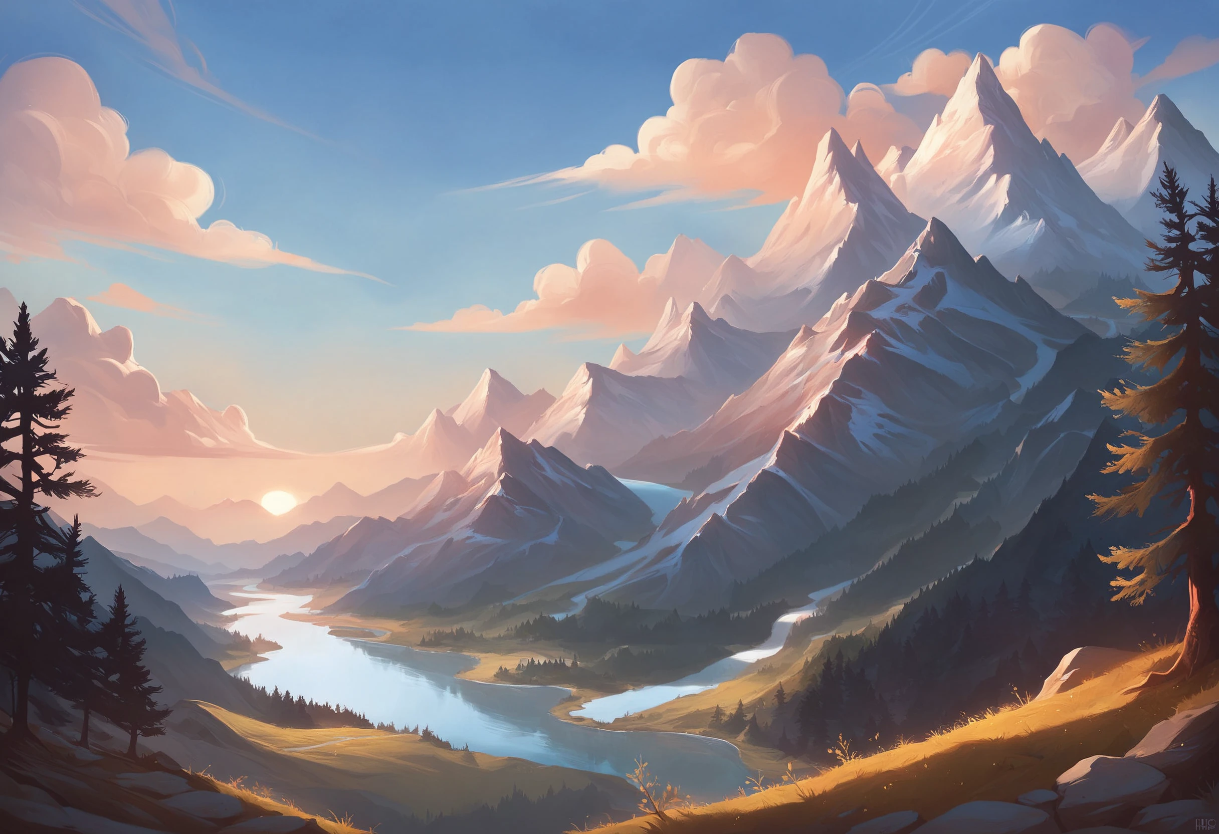 score_8, score_9_up, Fantasy Landscape, Mountains, Rivers, Trees, Blue Sky, Small Clouds, (Digital Drawing), Illustrative Realism, Best Quality, Highly Detailed, rating_safe