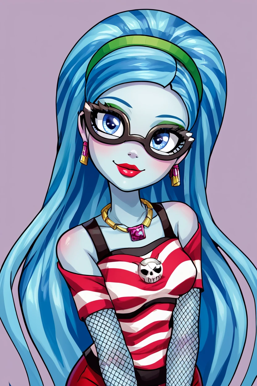 score_9, score_8_up, score_8, medium breasts, (curvy), cute, eyelashes,       BREAK, , zzGhoulia, zombie, long hair, blue hair, glasses, colored skin, blue eyes, very long hair,  jewelry, hairband, earrings, makeup, lipstick, striped, necklace, red pants, fishnets,  <lora:Ghoulia_MH_PDXL:0.8>,  , BREAK, looking at viewer, ,,, smile, upper body, leaning forward, head tilt, ,,, embedding:zPDXL, Expressiveh, ,,, <lora:theButcherXPDXL:0.8>, <lora:CatalystStylePDXL:0.6>, <lora:SDXLFaeTastic2400:0.5>, <lora:Expressive_H-000001:0.4>,