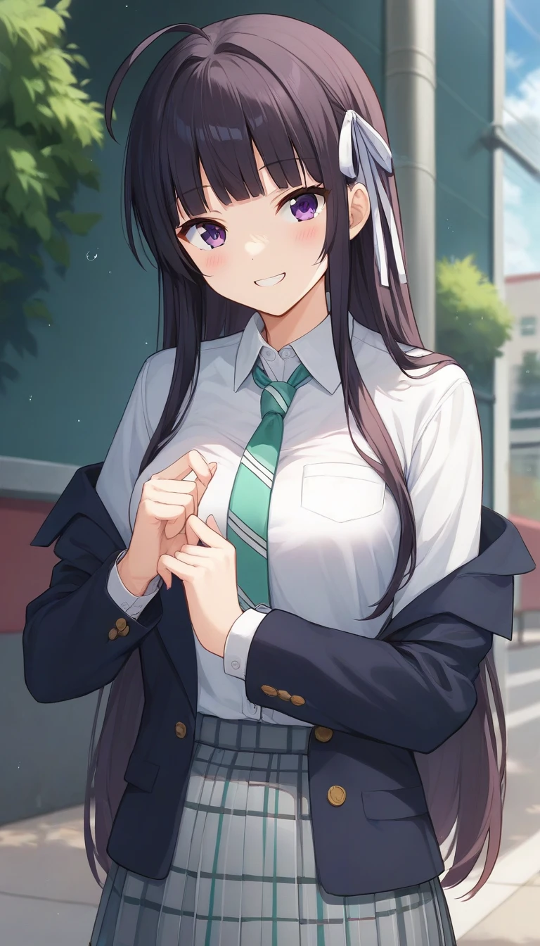 score_9,score_8_up,score_7_up,score_6_up BREAK official art,solo,outdoors,upper body,(portrait:1.5),looking at viewer,facing viewer,smile,blush,taut clothes,Subaru Awa,ahoge,very long hair,black hair,hime cut,hair intakes,hair ribbon,white ribbon,sidelocks,blunt bangs,purple eyes,school uniform,black jacket,blazer,wing collar,green necktie,white shirt,collared shirt,long sleeves,medium breasts,grey skirt,plaid skirt,pleated skirt,black socks,loafers,<lora:Subaru Awa(gbc)-Pony:1.2>,