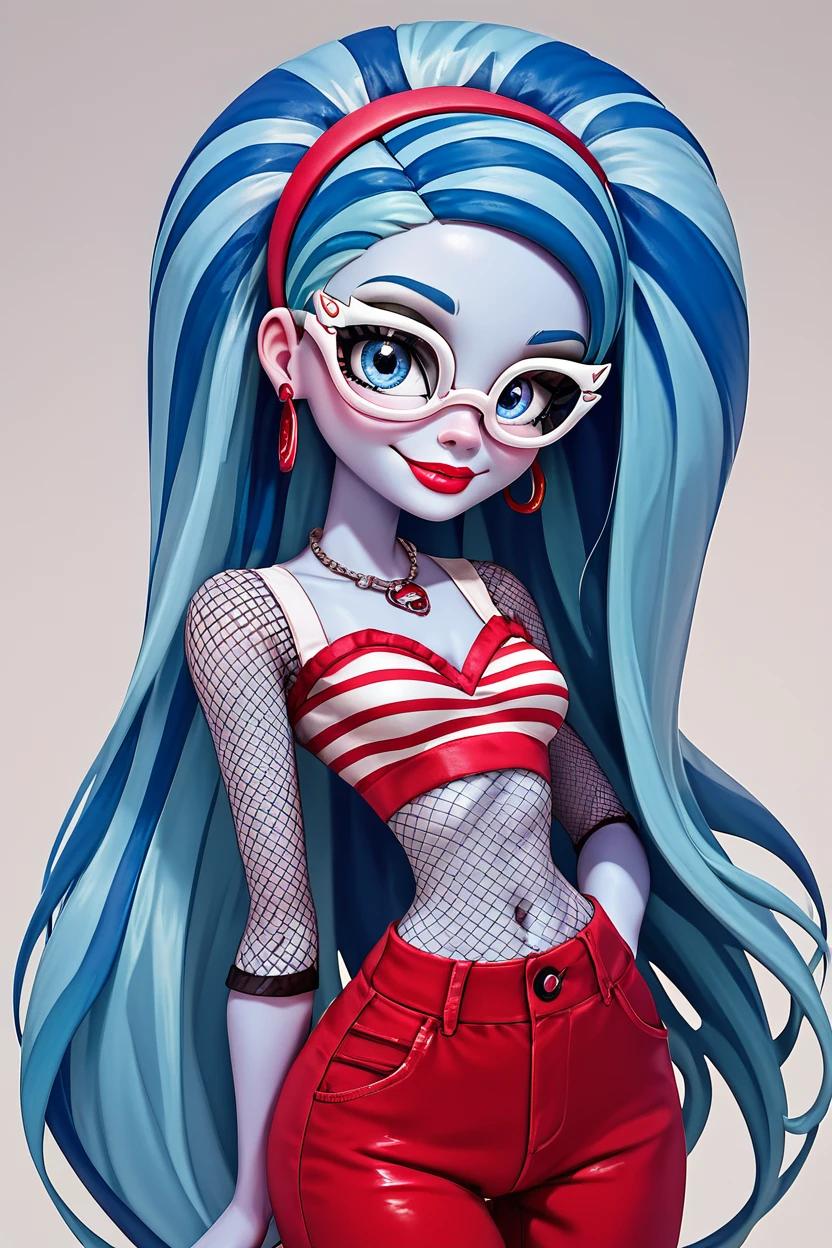 score_9, score_8_up, score_8, medium breasts, (curvy), cute, eyelashes,       BREAK, , zzGhoulia, long hair, blue hair, glasses, colored skin, blue eyes, very long hair,  jewelry, hairband, earrings, makeup, lipstick, striped, necklace, red pants, fishnets,  <lora:Ghoulia_MH_PDXL:0.8>,  , BREAK, smile, closed mouth, looking at viewer, cowboy shot, ,,, embedding:zPDXL, Expressiveh, ,,, <lora:BeautifulCAT_PDXL:0.8>, <lora:SDXLFaeTastic2400:0.5>, <lora:Expressive_H-000001:0.4>,