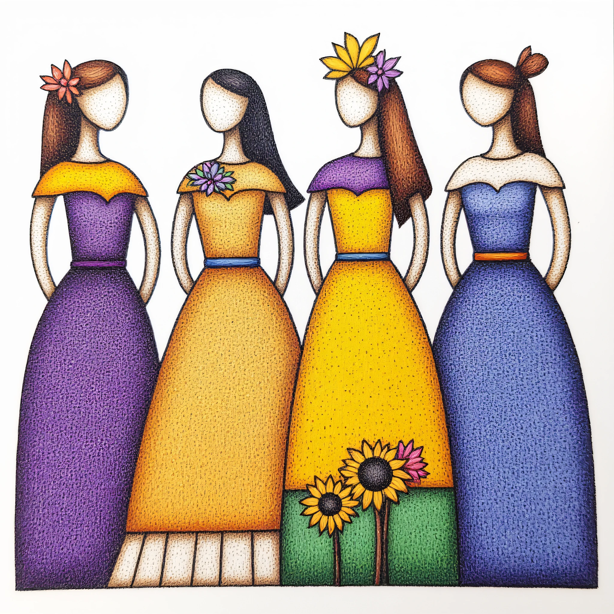 ArsMJStyle, Naive Storybook Nouveau, Four women representing the seasons, each dressed in richly detailed garments. They stand intertwined with the natural elements of their seasonsâspring blossoms, summer sunflowers, autumn leaves, and winter snowflakes.