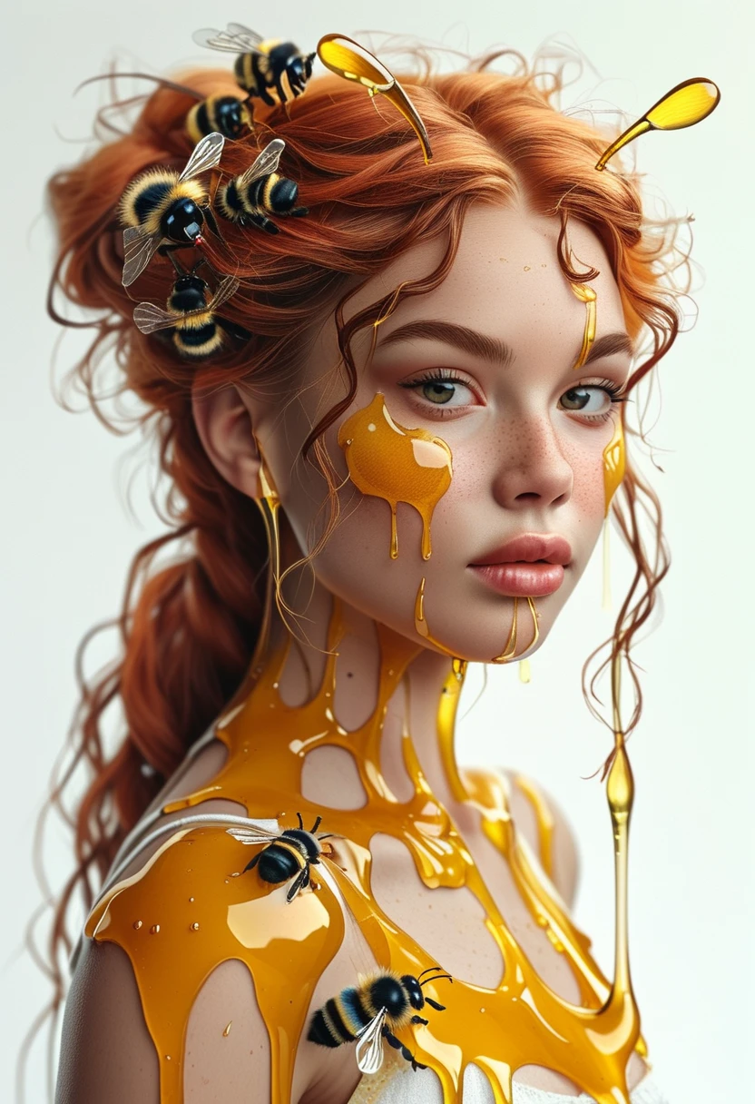 score_9, score_8_up, score_7_up miniature anime realistic bee woman hybrid half bee half woman ginger hair freckles honey dripping down her face close up