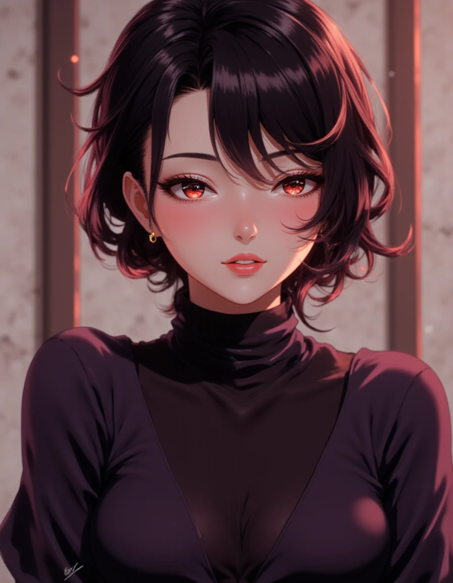 Majo_PS, High detail, score_9, score_8_up, score_7_up, source_anime, A young lady with dark, short, curvy hair styled into a neat bun at the nape of her neck. She wears a subtle but confident smile, her lips gently curved, radiating warmth. sharp teeth + red lips, Her sharp, defined eyes are accentuated with bold eyeliner, adding intensity to her gaze. She is dressed in a sophisticated, deep-colored V-cut dress layered beneath a soft, form-fitting turtleneck, blending elegance with casual comfort. The texture of her outfit is soft, with a delicate fabric flow. Her expression is keen, embodying both grace and inner strength, while the lighting softly highlights the contours of her face, casting a gentle red glow. <lora:Ultima_Flux_v1:0.45>