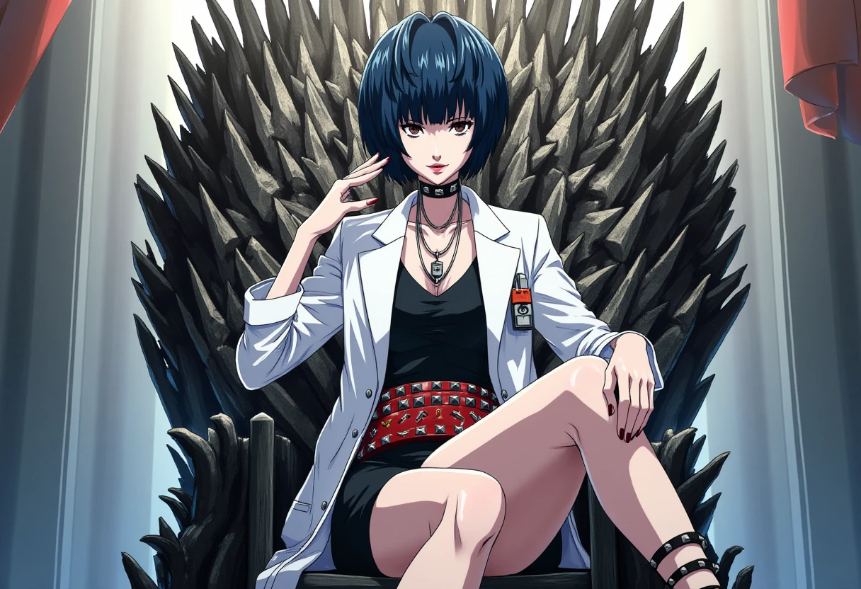 A detailed solo portrait of  takemi_tae. She wears a choker.
Anime style, sharp, high contrast and highly detailed., 
<lora:Takemi Tae v2_epoch_15:1>, A beautiful female doctor takemi_tae wearing a white lab coat over a sleek black dress. Her attire is accessorized with a choker, layered necklaces, and a red belt with silver studs, adding an edgy and rebellious flair to her look. She is also wearing high-heeled, strappy black sandals, emphasizing her bold and modern style. The character's intense gaze and professional outfit suggest a medical or scientific background, while her overall appearance exudes a strong and unique personality. she is sitting on the iron throne of Game of Thrones, one leg after another.