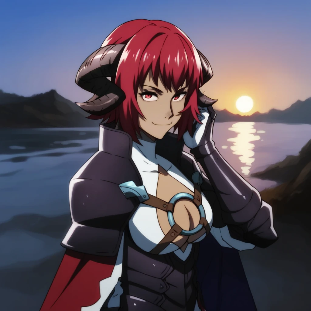 score_9, score_8_up, score_7_up, score_6_up, score_5_up, score_4_up, source_anime, from side, pauldrons, black armor, red cape with white trim, white leotard, o-ring, leather straps, 1girl, solo focus, sunset, large penis, red hair, cleavage cutout, red skirt, short hair, gauntlets, red eyes, smile, looking at viewer, hand in own hair, goat horns, standing on hill, dark skin, outdoors, water, ocean, fog, <lora:Amila_-_The_Wrong_Way_To_Use_Healing_Magic_PONY_XL-000004 (1):0.9>