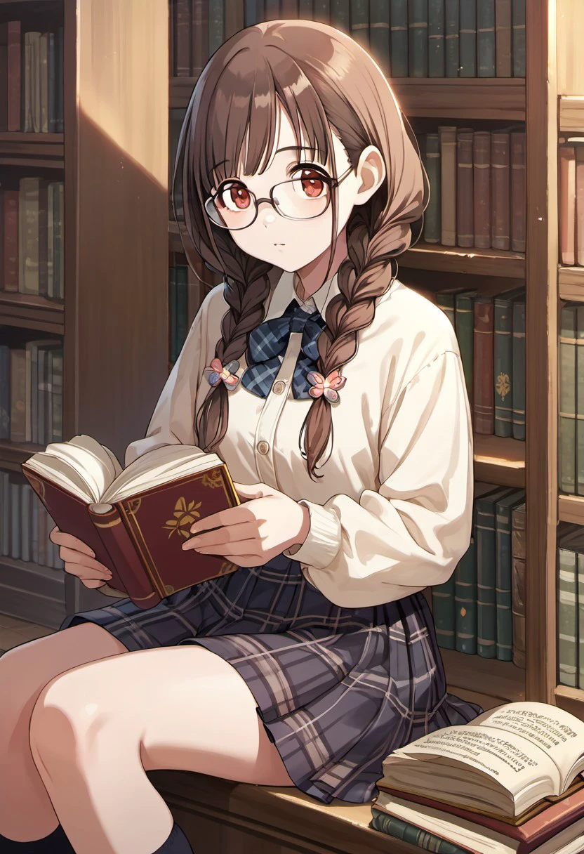 score_9, score_8_up, score_7_up, source_anime, sonoda chiyoko, brown hair, red eyes, book, 1girl, braid, bookshelf, flower, glasses, skirt, plaid, twin braids, sitting, holding, holding book, solo, indoors