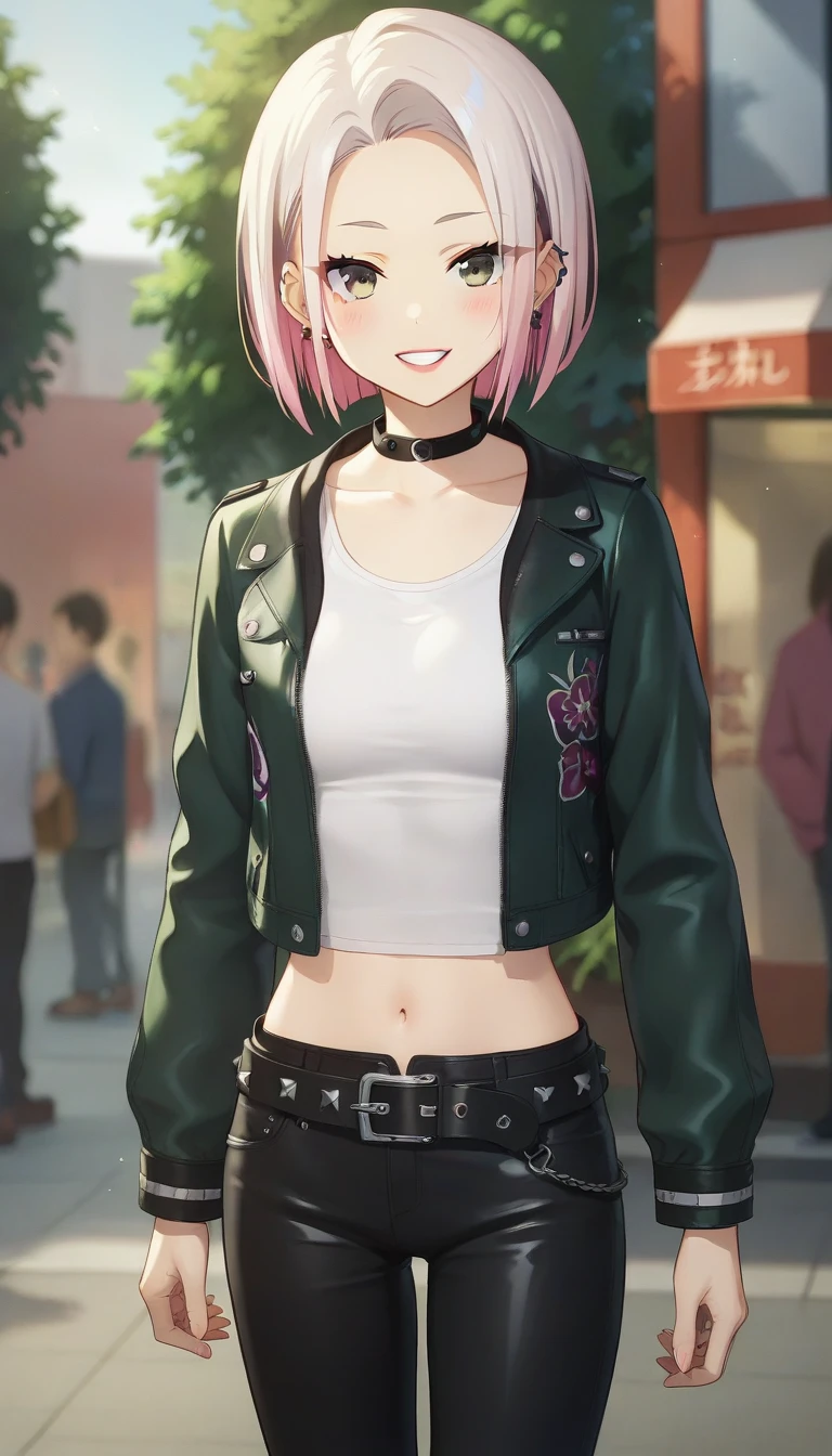 score_9,score_8_up,score_7_up,score_6_up BREAK official art,solo,outdoors,cowboy shot,looking at viewer,facing viewer,smile,blush,Kyoko,medium hair,white hair,multicolored hair,pink hair,jewelry,earrings,ear piercing,forehead,parted bangs,eyeshadow,grey eyes,lipstick,black choker,collarbone,midriff,green jacket,floral print,open jacket,white tank top,long sleeves,white sleeves,small breasts,black belt,studded belt,belt buckle,black pants,leather pants,high heel boots,black footwear,<lora:Kyoko(gbc)-Pony:1.2>,