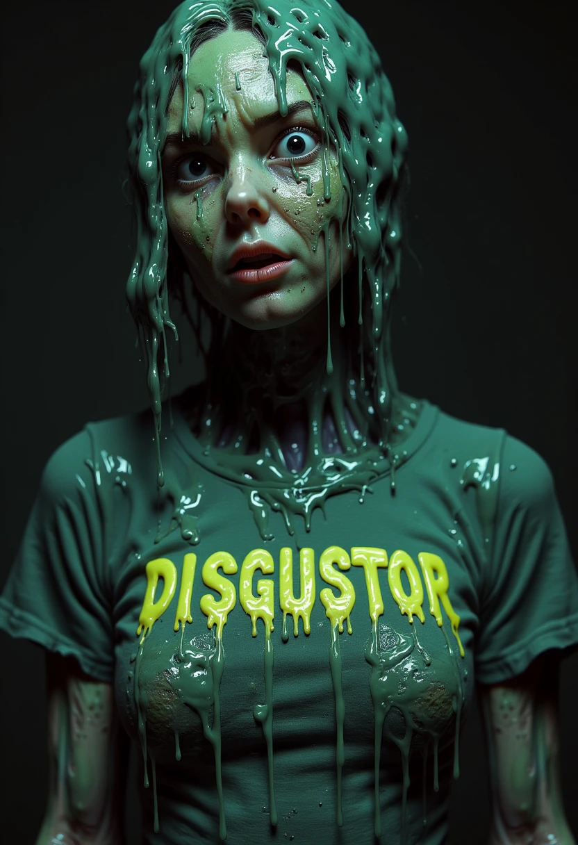 disgusting Zombie woman with the word "DISGUSTOR" on her t-shirt. The text on her shirt is dripping with disgusting mucus and wet textures. Unsettling imagerly. Adult woman with a beautiful figure. Dim lighting, dripping with glowing green disgusting yuck toxic goo.