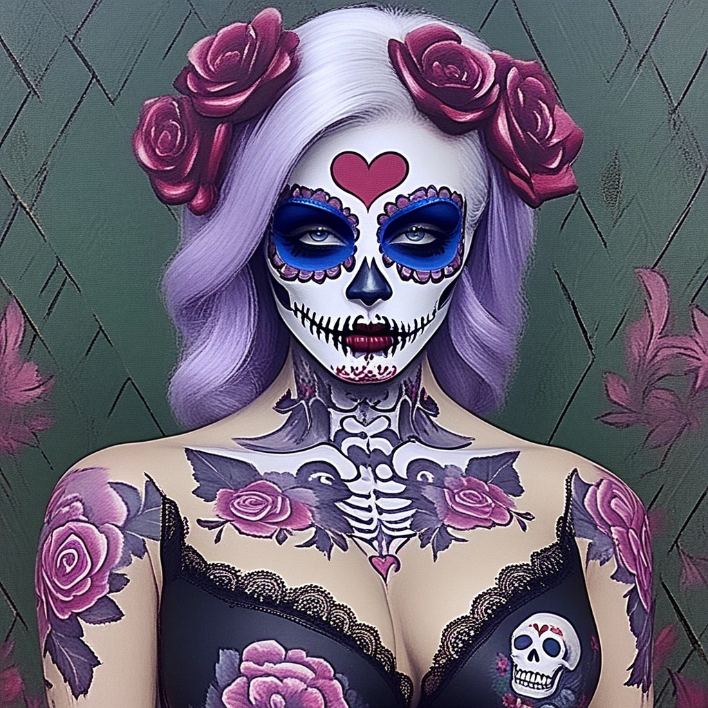 woman, torso, realistic, blue_hair, [colorful skulls and roses bodysuit tattoo], indoors, lips, sharp  bodysuit tattoo, in a bikini , in a park, eyewear, towel
