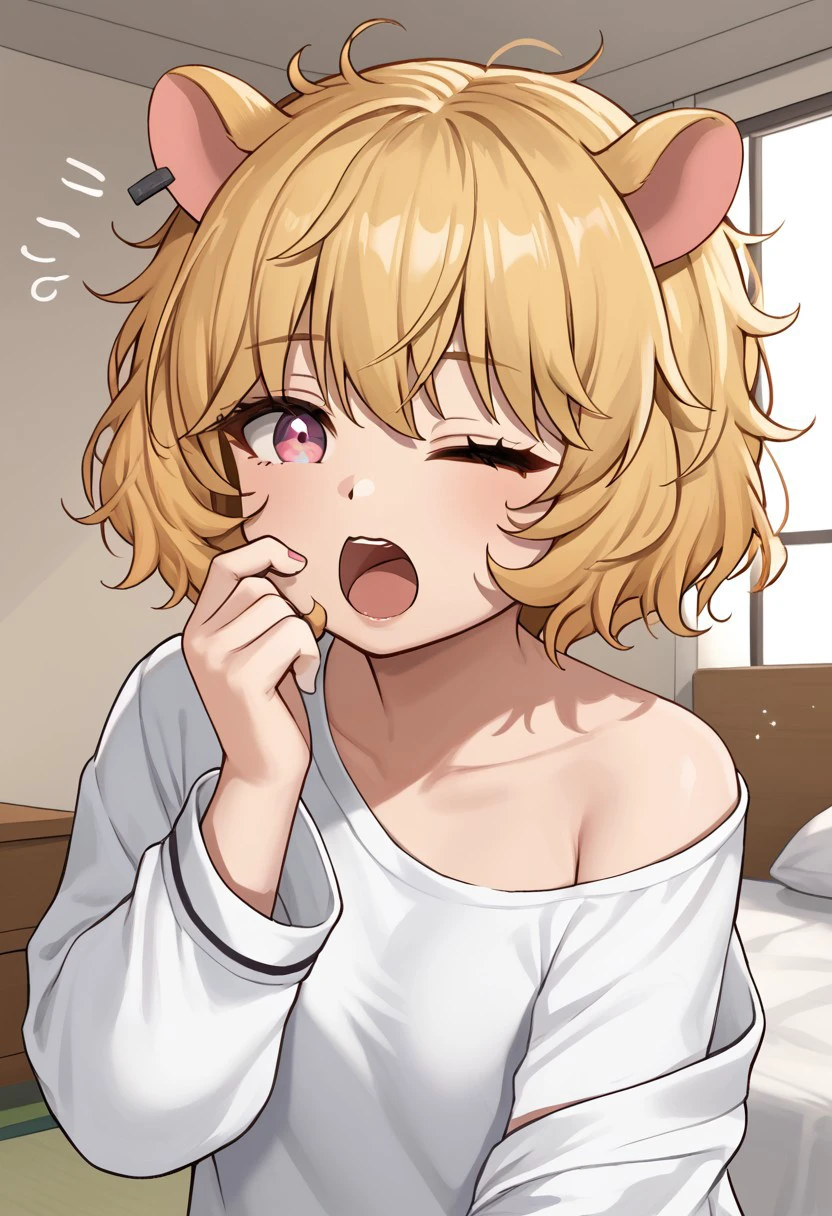 1girl, highres, solo, Eimi_Isami, animal ears, blonde hair, bangs, short hair, pink eyes,
open mouth, yawning, hand up, indoors, waking up, wariza, rubbing eyes, one eye closed, messy hair, 
white shirt, off shoulder,