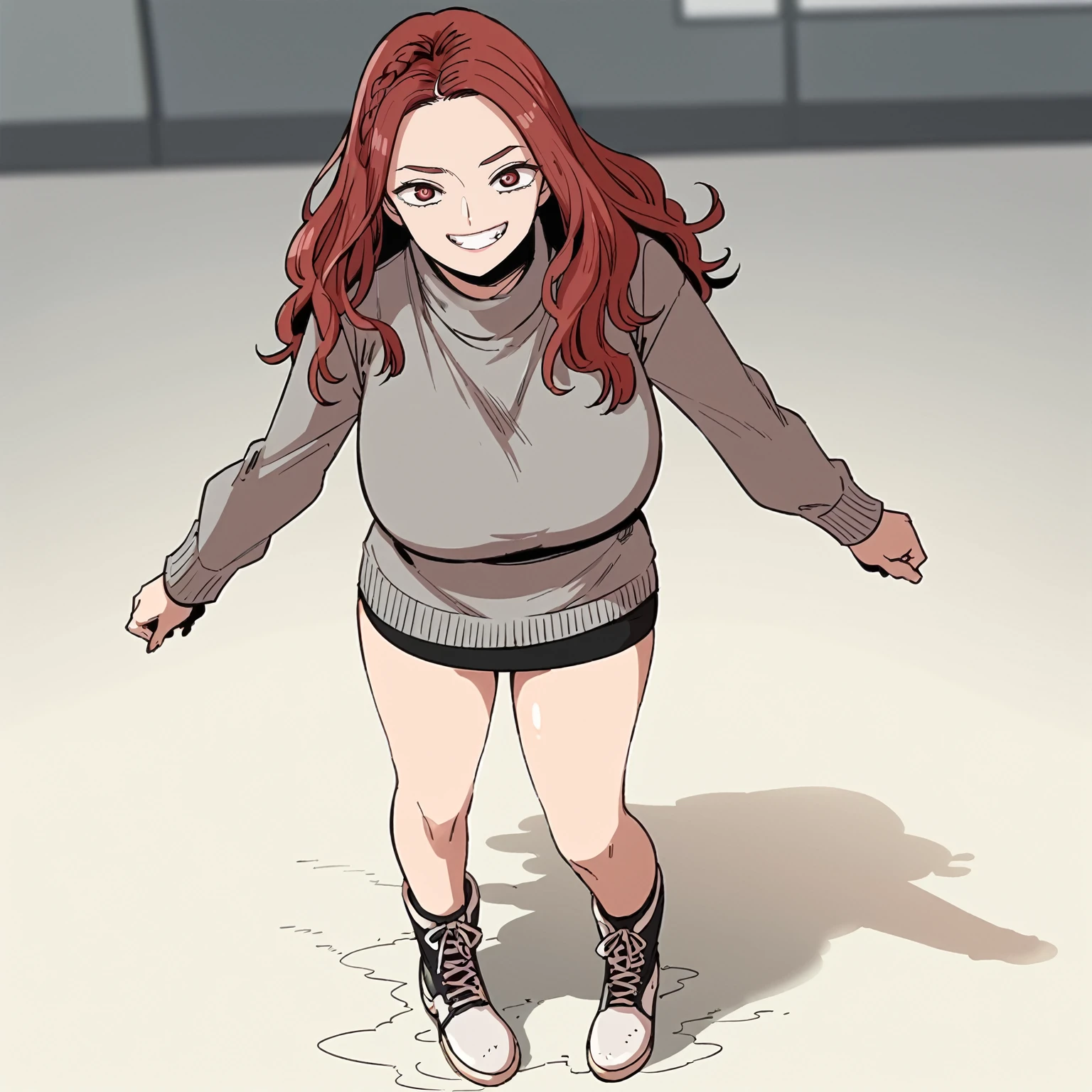 score_9_up, score_8_up, score_7_up, 1girl,Braided crown with loose waves hair,crimson hair, fuchsia eyes anime screencap, detailed faces, beautiful face, , blurry background, uncensored, huge breasts, thick thighs,(Awkward smile with forced grin:1.3), Standing with one arm extended upward
From a mid-angle , full body, Grey sweater with a printed midi skirt and ankle boots white background
ZPDXLXXX <lora:DOZA_Village_Dozamura_Assorted_Doujin_Artstyle_Blend_PonyXL:0.3> <lora:BG:0.85>