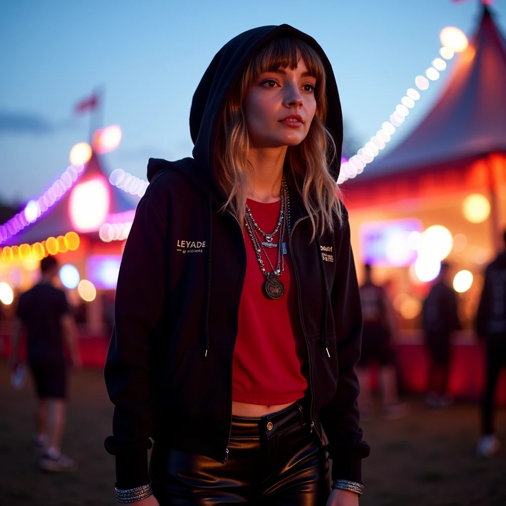 lmbr, cinematic, full body shot, contrasting lights, in an outdoors  music festival, she's wearing a hoodie, lycra pants, black long sleeved shirt, sorceress headdress, scarlet undershirt, she's wearing necklaces, bracelets and silver colorful rings. The camera is fixed side viewing her, at dusk,  photorealistic, real photography, 8k, hd  <lora:lauren-mayberry:1>, Photorealistic, Hyperrealistic, Hyperdetailed, analog style, soft lighting, subsurface scattering, realistic, heavy shadow, masterpiece, best quality, ultra realistic, 8k, golden ratio, Intricate, High Detail, film photography, soft focus, RAW candid cinema, 16mm, color graded portra 400 film, remarkable color, ultra realistic, textured skin, remarkable detailed pupils, realistic dull skin noise, visible skin detail, skin fuzz, dry skin, shot with cinematic camera