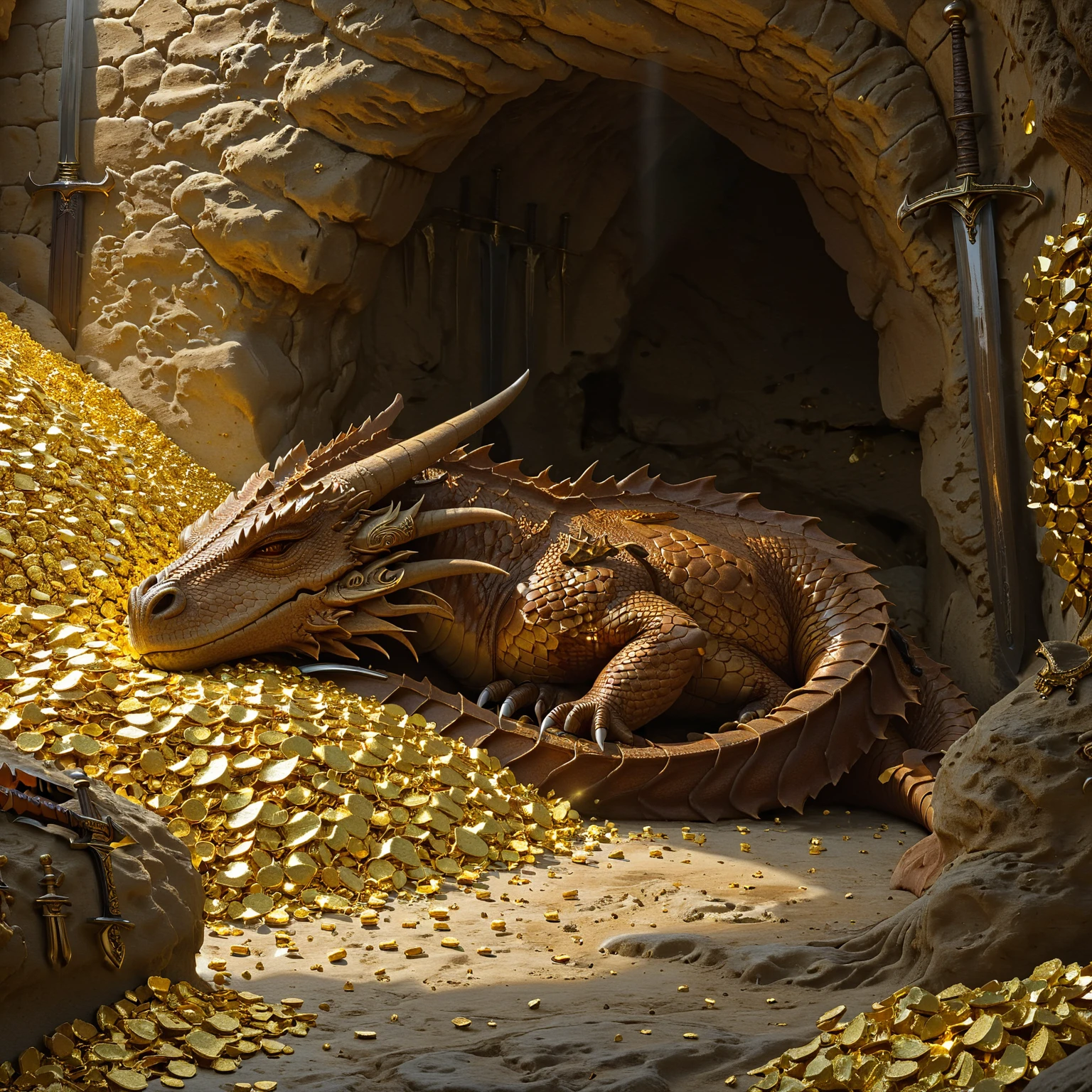 cave, underground, brown dragon, sleeping, gold pile, sword on wall, best quality, masterpiece, 4k, uncensored, prefect lighting, rating_explicit, very aesthetic, detailed, <lora:add_details_xl:0.6>, very detailed, <lora:SDXLHighDetail_v5:0.6>, <lora:elesdxl:1>, elementalplaneearth