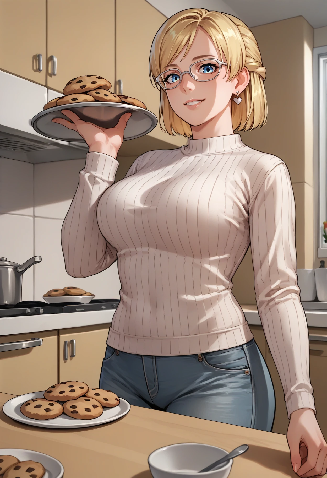 score_9, score_8_up, score_7_up, source_anime, 1girl, looking at viewer, smile, holding tray, cookie, <lora:JessieDeadRising-pdxl:1> j3ssie, blonde hair, short hair, french braid, glasses, blue eyes, heart earrings, ribbed sweater, large breasts, jeans, kitchen