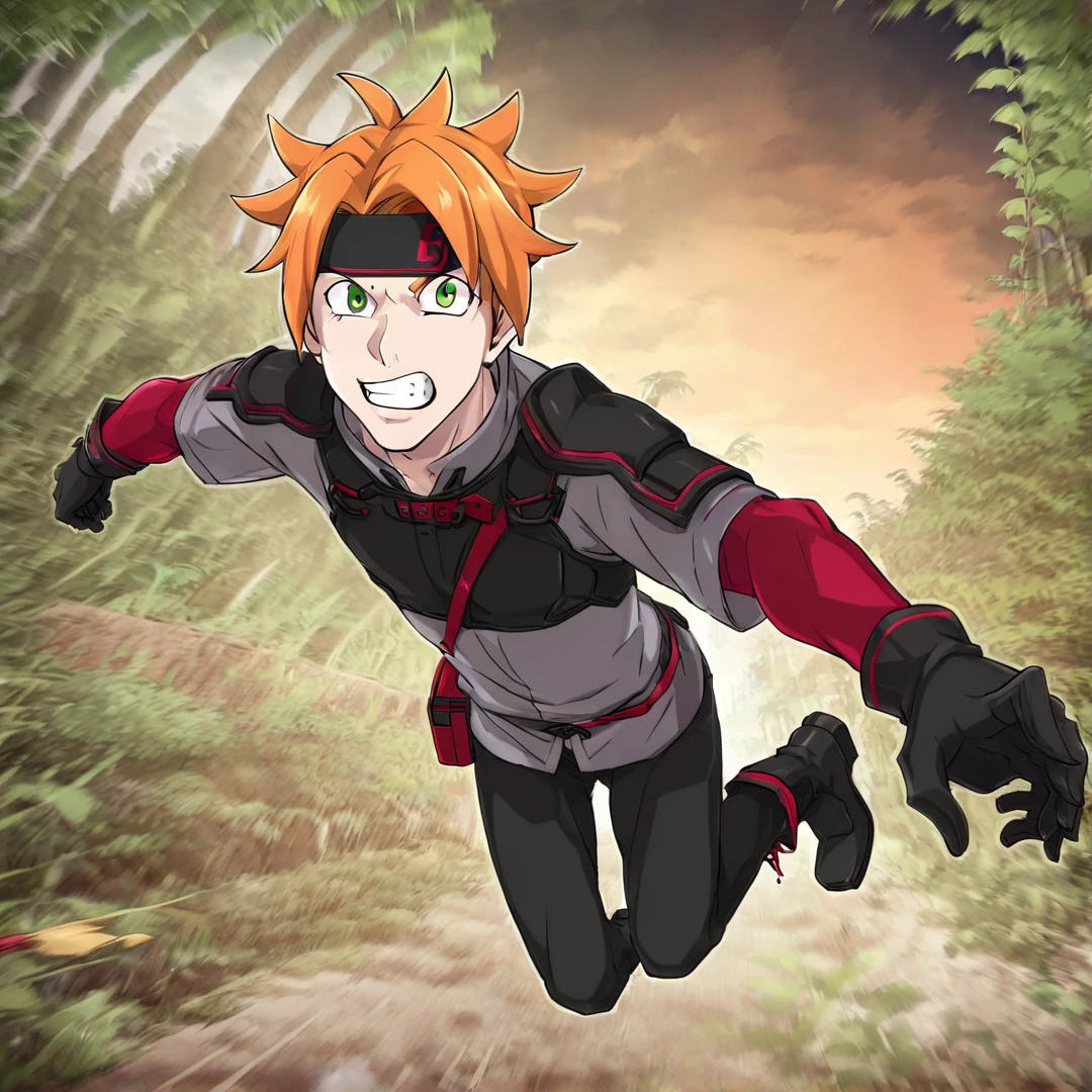 <lora:ToddFang:1>, todd, young man, short spiky orange hair, green eyes, sharp canine teeth, wears a headband, red undershirt with long sleeves, grey overshirt with short sleeves, black pants, black boots, black gloves, chest protector, shoulder pads, with small red stripes, headband with red and black color pallet, and a small red and black battle axe, solo, jungle, daytime, full body, angry, fighting