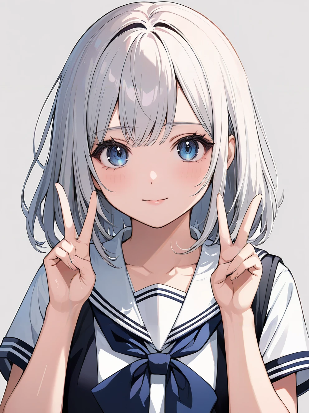 masterpiece,ultra-detailed,best quality,8K,illustration,cute face,clean skin ,shiny hair,girl,ultra-detailed-eyes,simple background, <lora:add-detail-xl:1> <lora:double v_XL_V1.0:0.8> double v,upper body,school uniform