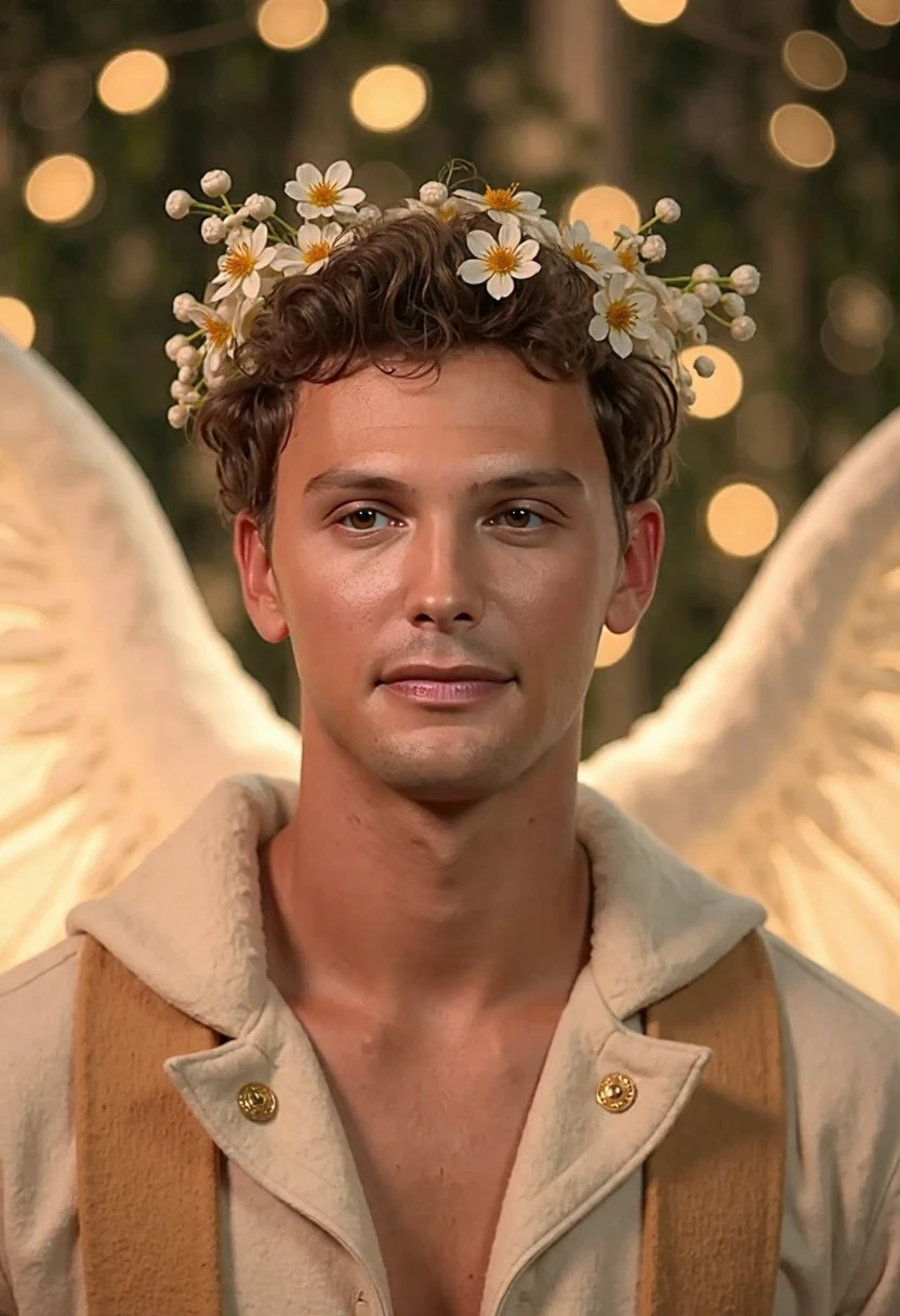 An photorealistic image of a 25 year old Cooper Koch, C00perK0ch, dressed as an angel. He looks resplendant with large wings, white and tan robes, and white flowers in his hair. There are bokeh lights all around him in shades of white and gold. The image covers only his face and upper body. The focused of the shot is very tight, so only the front of his face is in perfect focus.