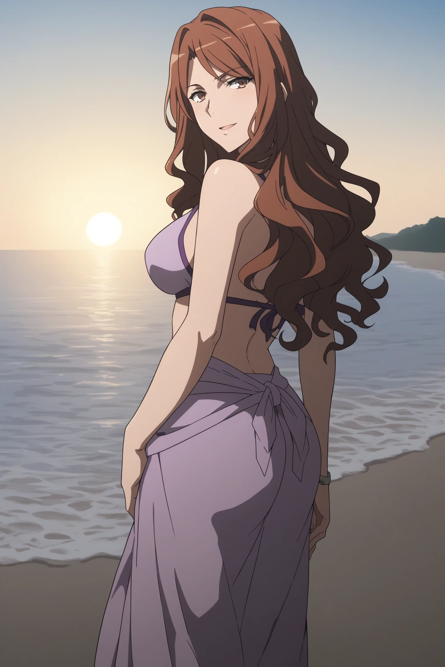 mugino shizuri, long hair, wavy hair, brown hair, brown eyes, purple bikini, sarong, see-through sarong, <lora:Shizuri_Mugino:0.8>, score_9, score_8_up, score_7_up, score_6_up, score_5_up, source_anime, rating_safe, medium breasts, outdoors, beach, 1girl, solo, looking at viewer, <lora:age_slider_v4:2>,