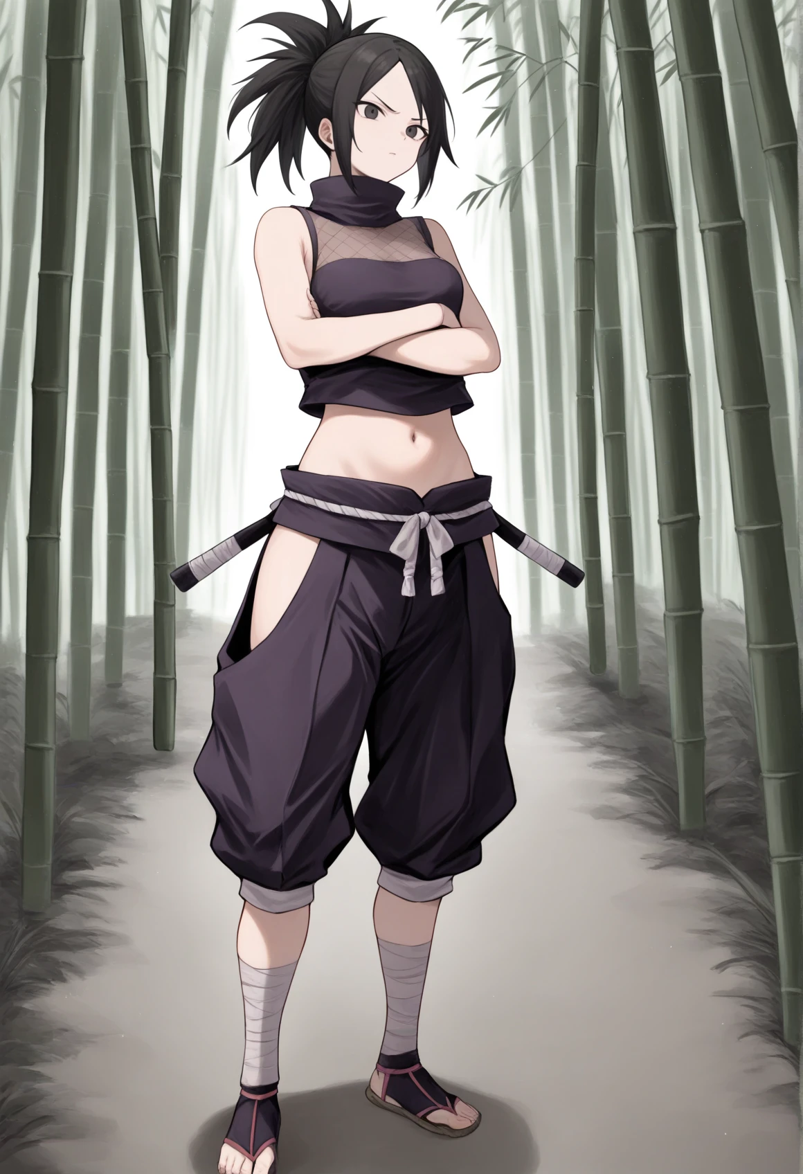 1girl, solo, medium hair, black hair, black eyes, ponytail, ayame2, ninja, japanese clothes, turtleneck, navel, bare shoulders, single wristband, pants, legwear bandages, outdoors, bamboo forest, crossed arms, standing, full body, cowboy shot   <lora:Ayame_Tenchu_Illus_v2:1>, masterpiece, best quality, amazing quality, very aesthetic, absurdres, highres, newest