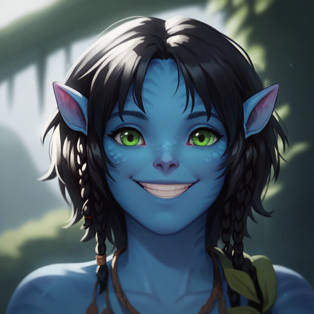 score_9_up, score_8_up, BREAK, 1girl, solo, Kiri, black hair, short hair, braid, green eyes, pointy ears, colored skin, blue skin, upper body,  <lora:Kiri_Avatar_JC_PXL_Leaf1:1>, depth of field, looking at viewer, smile, front view,