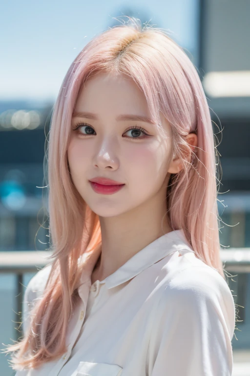 masterpiece, best quality, ultra-detailed, ultra high res, (photorealistic:1.4), raw photo, (realistic:0.2), 8k HDR, realistic lighting, 1girl, solo, (asian:0.2), asymmetrical pink blonde hair, outdoors, bokeh, (detailed lips), (detailed pores), (detailed skin textures), (detailed face:1.2), (upper body:1.3), white collared shirts, smile,