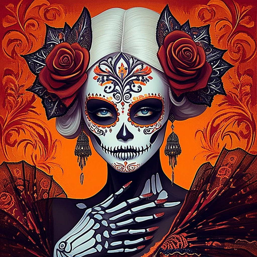 with her face adorned with intricate, glowing embers and flames. the subject is a woman with a dark complexion and a haunting, vibrant patterns in red, red bow, adorned with ornate, creating a striking contrast against her pale skin., glowing orange and yellow patterns that mimic the appearance of a sugar skull, smooth complexion with intricate, fantastical depiction of a woman dressed as a day of the dead-inspired character. the subject is a woman with long, flowing sleeves, ring, which contrasts beautifully with her pale skin. the dress has a semi-transparent, glowing orange and white patterns that mimic the sugar skull designs associated with the day of the dead celebration, styled in a traditional day of the dead makeup, rose, platinum blonde hair styled in an elaborate updo adorned with ornate, skeleton, in orange and black. these designs include intricate patterns around her eyes, hair flower, ornate headpiece that resembles a crown. her face is painted in intricate, both featuring intricate, highly detailed cgi artwork featuring a woman with a striking, intricately decorated skull in her right hand