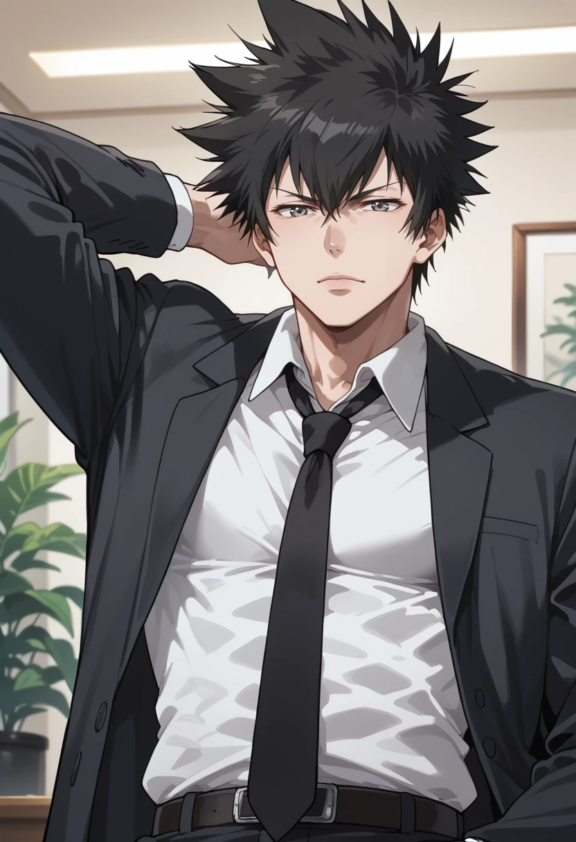 score_9, score_8_up, score_7_up, score_6_up, source_anime, absurdres, highres, 
arm behind head,
kougami shinya, 1boy, mature male, male focus, solo, bangs, black hair, formal, suit, gray eyes, shirt, black necktie, spiked hair, jacket, portrait, indoors, <lora:Shinya_Kogami__Psycho-Pass:1.0>