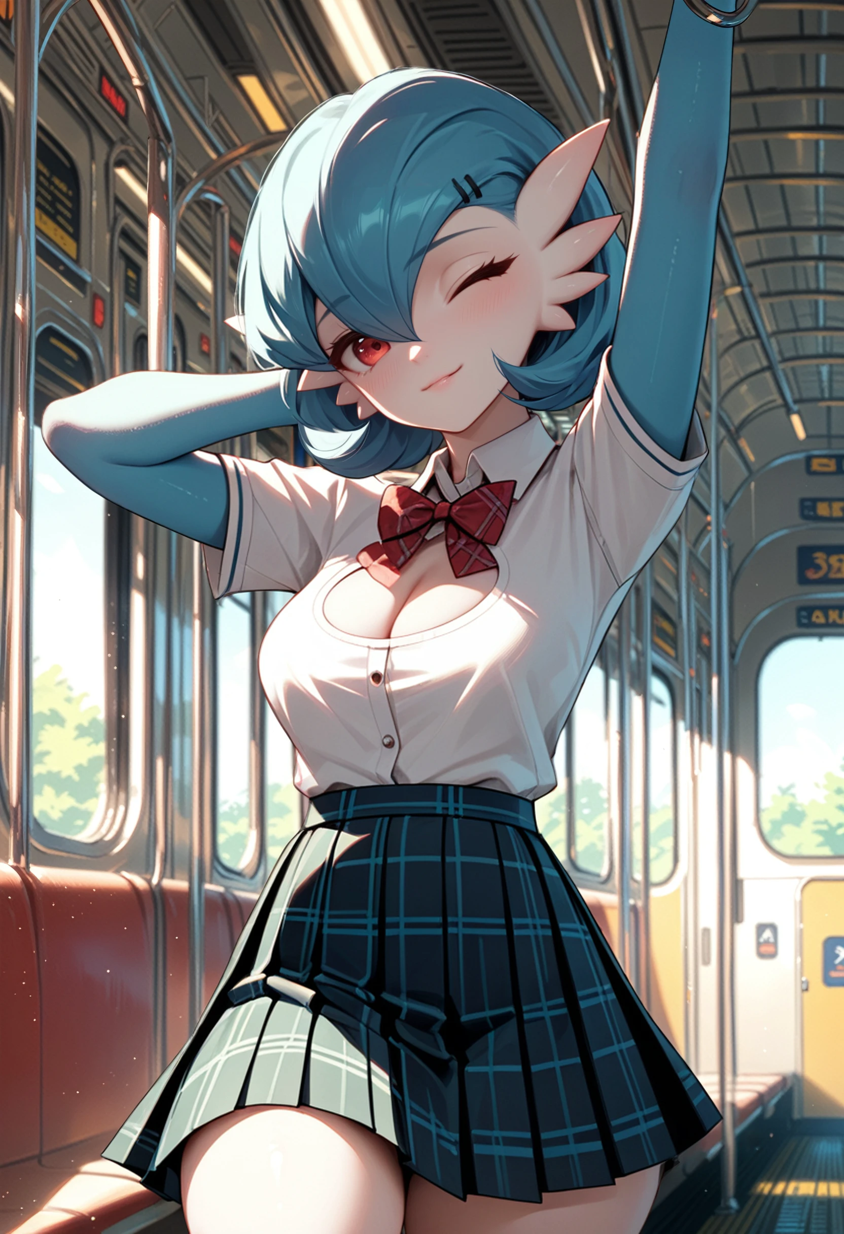 zPDXL3, score_9, score_8_up, score_7_up, score_6_up, score_5_up, score_4_up, 
1girl, solo, medium breasts, thick thighs, skindentation, 
one eye closed, pigeon pose,
shirt, kilt,
train station,
<lora:Pkmn - Shiny Gardevior v1:1> pkshigar, cleavage cutout, blue hair,