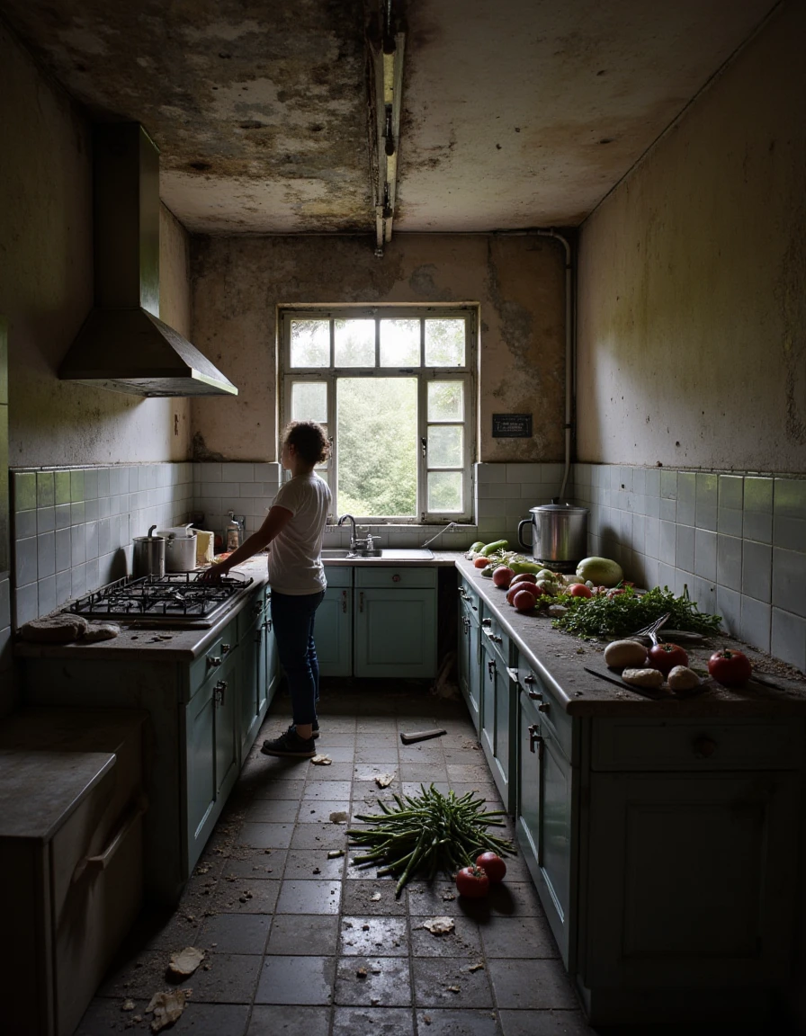 A brightly lit kitchen with someone preparing a meal at the counter, with various utensils and fresh vegetables spread out., <lora:urban_decay_v20_rank64_bf16-step02016:1>, urban_decay_rooms