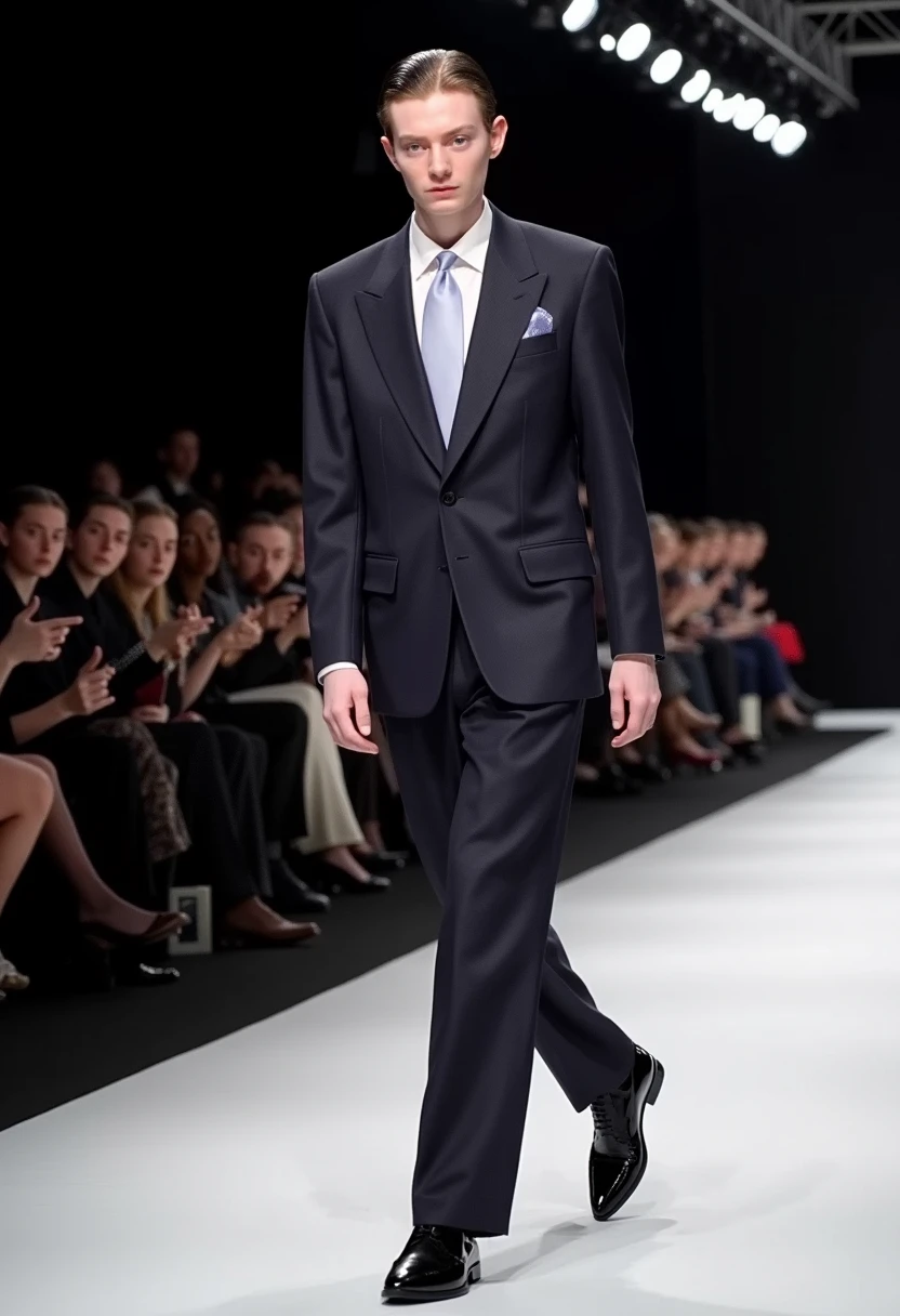 RB man walking down runway in fashion show, serious, vintage armani suit