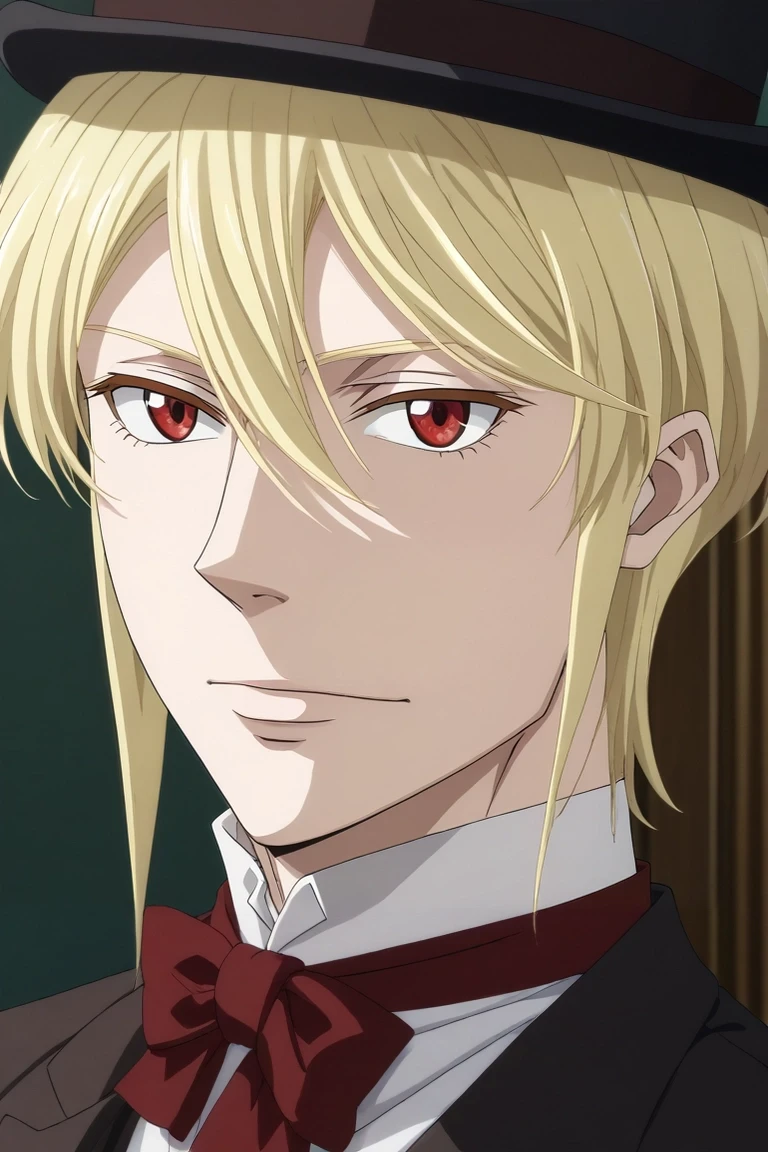 score_9, score_8_up, score_7_up, source_anime, rating_safe, , (3d:0.4), looking at viewer, , 1boy, solo, male focus, <lora:william_james_moriarty_pony:0.98>, william_james_moriarty, blonde hair, red eyes, short hair, , top hat, , , conductor costume, <lora:sdxl_lightning_8step_lora:1>