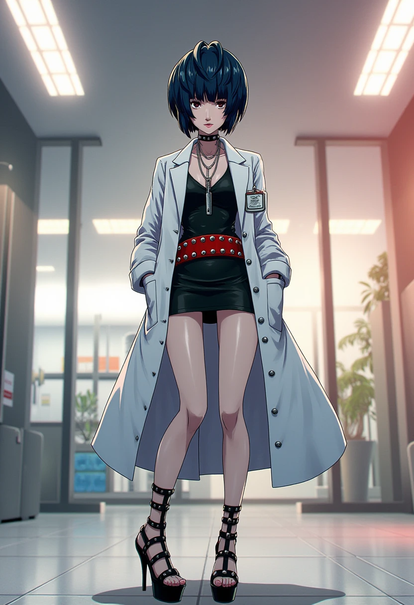 A detailed solo portrait of  takemi_tae. She wears a choker.
Anime style, sharp, high contrast and highly detailed., 
<lora:Takemi Tae v2_epoch_15:1>, takemi_tae is standing in the lobby of a modern hospital. She is wearing a white lab coat over a sleek black dress. The character has a confident and assertive pose, with hands in the pocket. Her attire is accessorized with a choker, layered necklaces, and a red belt with silver studs, adding an edgy and rebellious flair to her look. She is also wearing high-heeled, strappy black sandals, emphasizing her bold and modern style. The character's intense gaze and professional outfit suggest a medical or scientific background, while her overall appearance exudes a strong and unique personality.