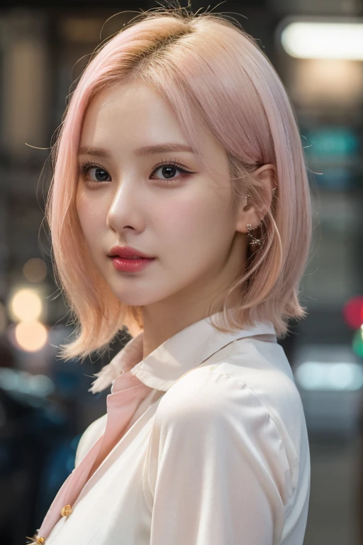 masterpiece, best quality, ultra-detailed, ultra high res, (photorealistic:1.4), raw photo, (realistic:0.2), 8k HDR, realistic lighting, 1girl, solo, (asian:0.2), asymmetrical pink blonde hair, outdoors, bokeh, (detailed lips), (detailed pores), (detailed skin textures), (detailed face:1.2), (upper body:1.3), white collared shirts,