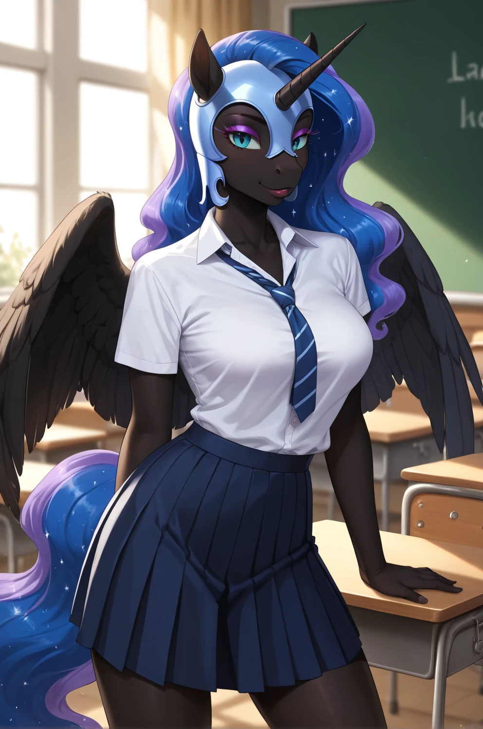 Alicorn princess, white mane,black sclera ,black body color long flowing mane pink eyes anthro thicc thighs huge breasts
hot for teacher yellow glasses ,early morning ,school,
Smiling, beautiful look black skirt suit ,teaching