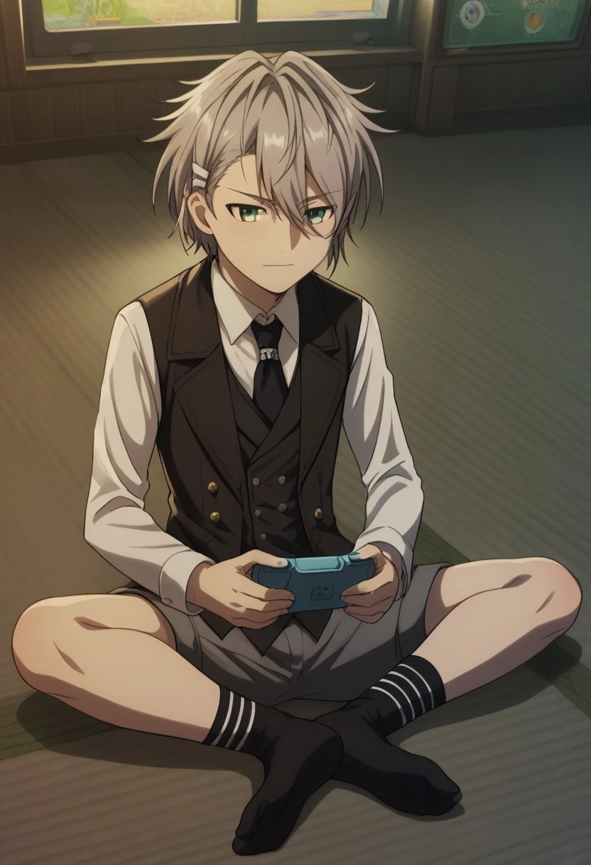 score_9, score_8_up, score_7_up, source_anime, highly detailed, 

sukuna, 1boy, male focus, solo, grey hair, hair between eyes, hair ornament, green eyes, shirt, collared shirt, white shirt, necktie, vest, jacket, long sleeves, shorts, socks, 

indoor, floor, playing games,