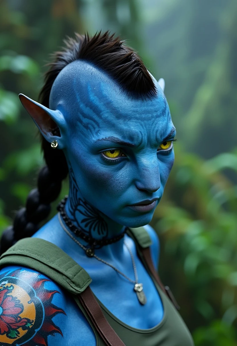 beautiful female, blue stripped skin, portrait, tattoos, tail, sleeveless, wet, rainforest, High quality Instagram. There is a beautiful norwegian fjord in the background. She looks fierce and beautiful yet calm. Ultra sharp focus, high quality, hyper detailed, close-up in the eyes, yellow eyes, zdinarsk, black hair, pointy ears