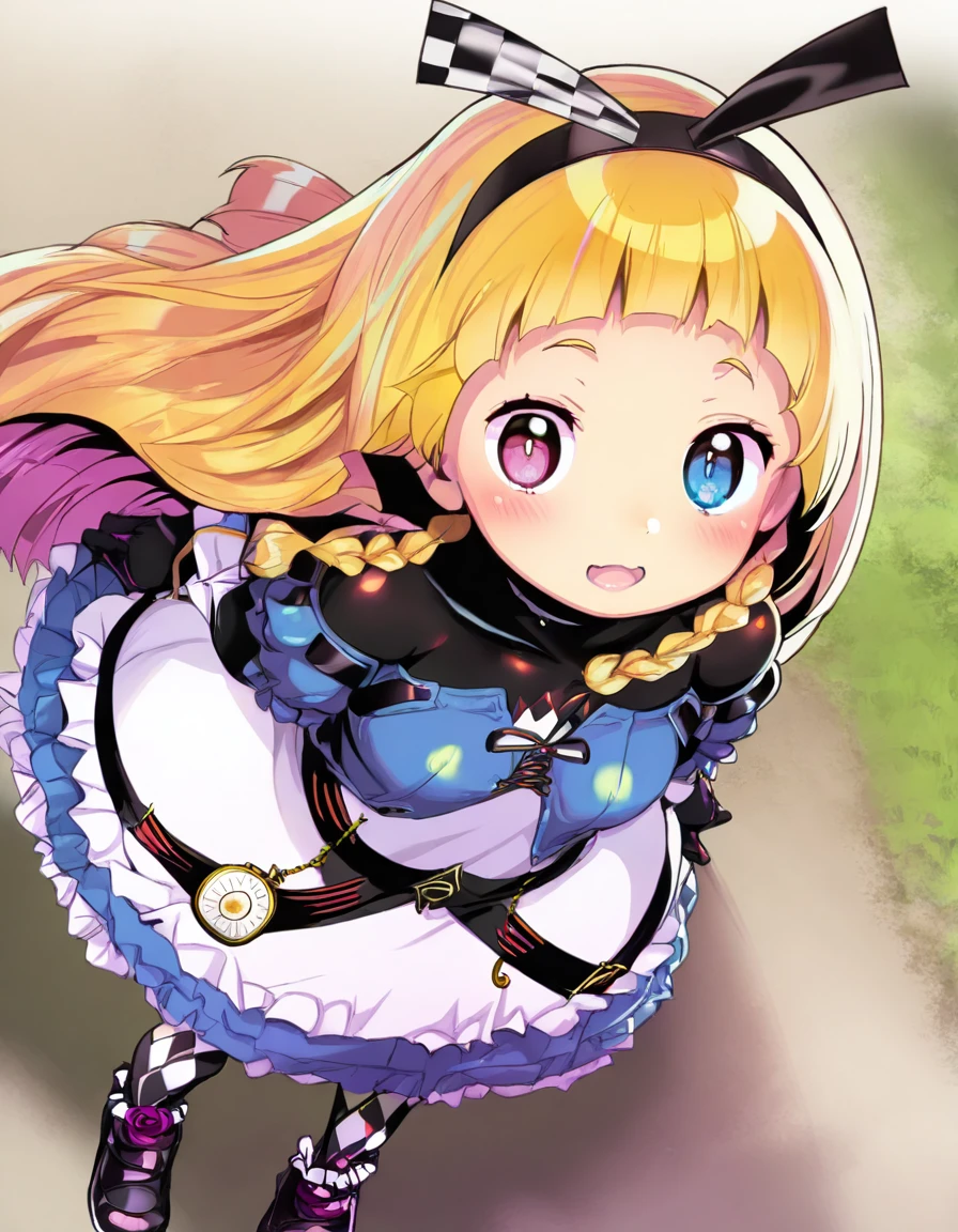 alyce_(dohna_dohna), blonde hair, long hair, pink eyes,blue eyes,heterochromia,twin braids, blunt bangs, side braids,
black hairband, bodysuit under clothes, black bodysuit, frilled dress, black gloves, argyle clothes, blue dress, white dress, watch, pocket watch, black footwear, frills, argyle legwear, pantyhose,two-tone dress, shoes, cross-laced dress, puffy sleeves, short sleeves, long sleeves, ribbon
<lora:alyce_(dohna_dohna)_Illustrious-XL_v1:1>
standing, dynamic pose ,
open mouth, blush,light smile
looking at viewer,(upper body,close-up),
outdoors,, 1girl,solo,
masterpiece,best quality,very aesthetic,absurdres,safe, newest